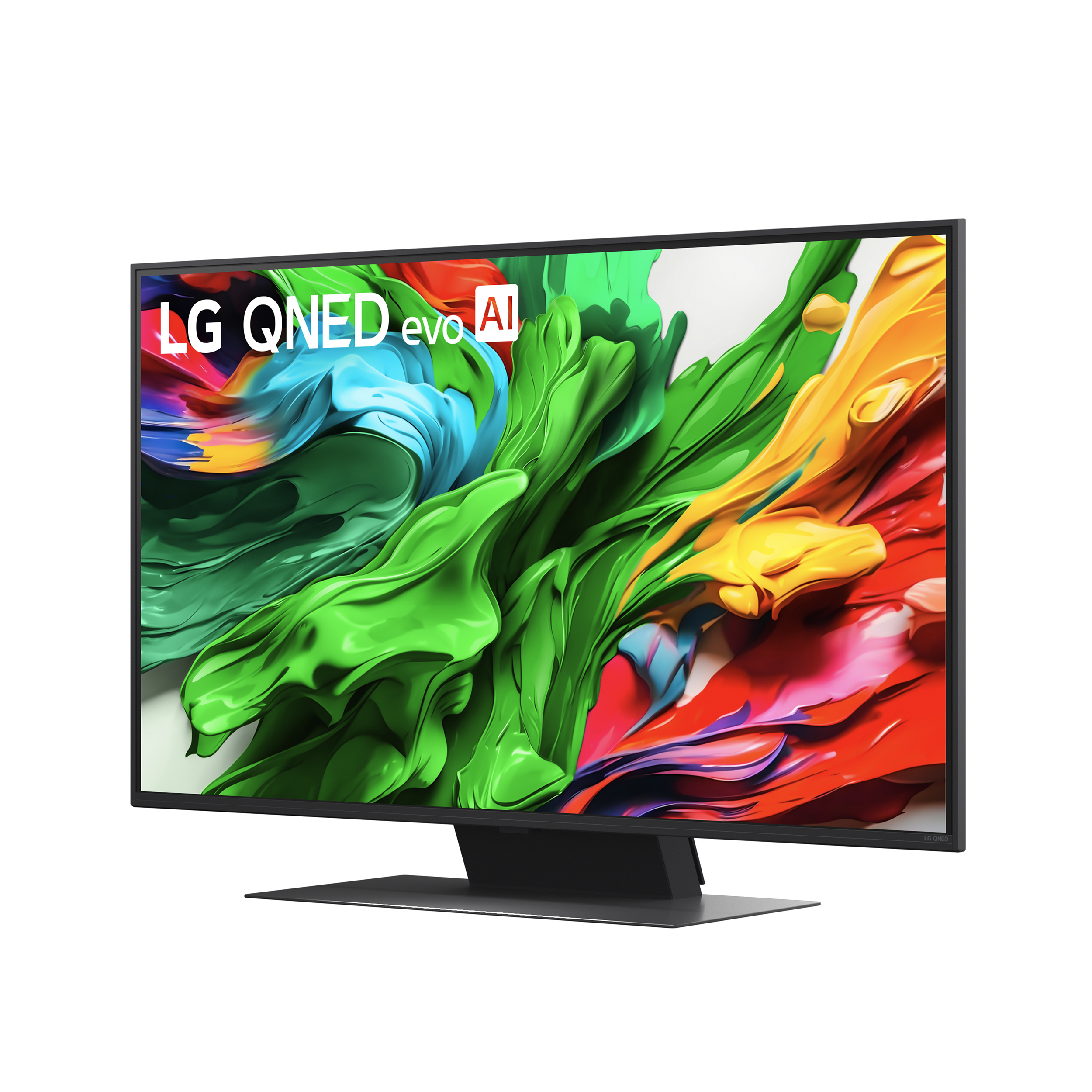 Telewizor LG QNED evo AI wyświetlający kolorowy, płynny wzór abstrakcyjny.