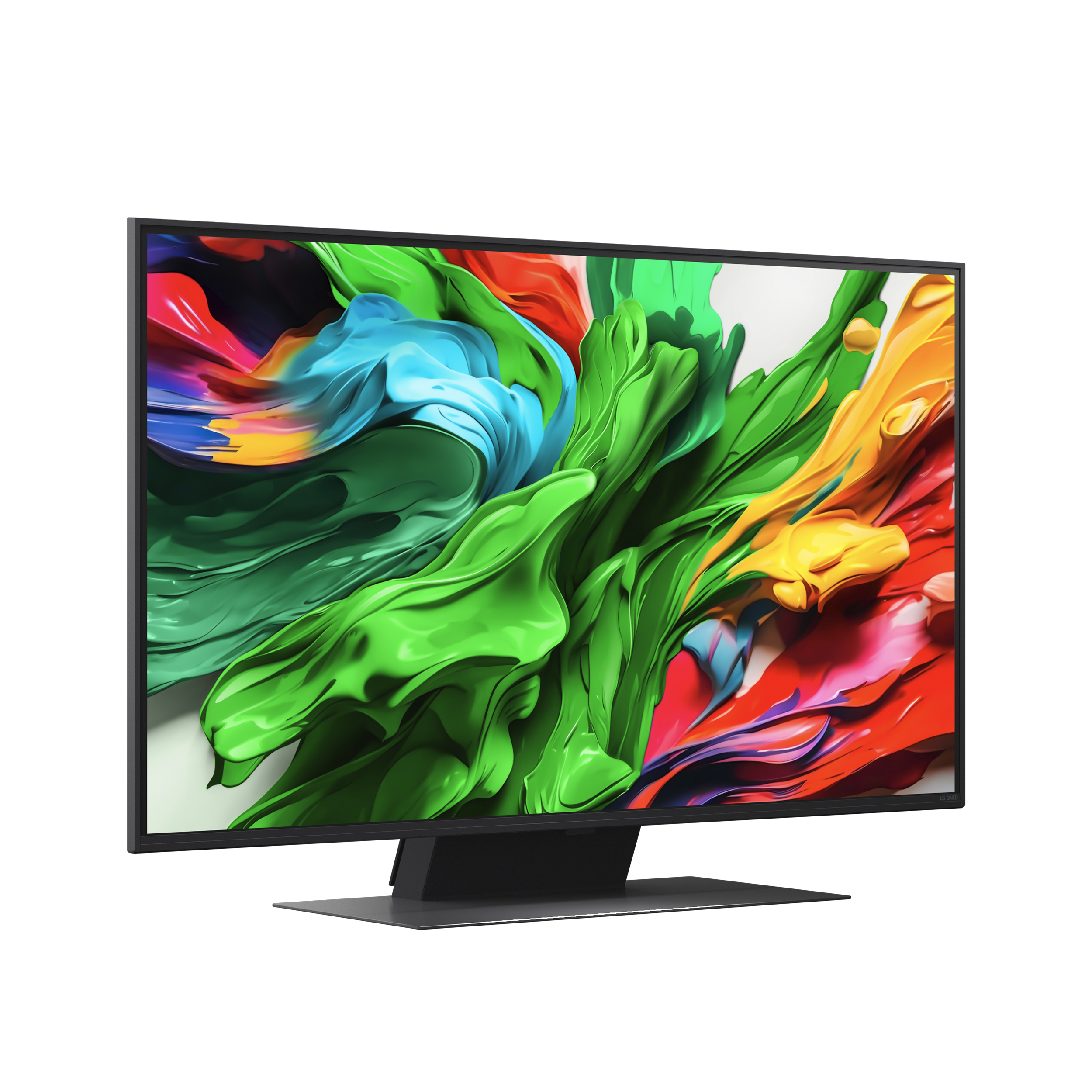 Nowoczesny czarny telewizor wyświetlający kolorowy, abstrakcyjny wygaszacz ekranu.