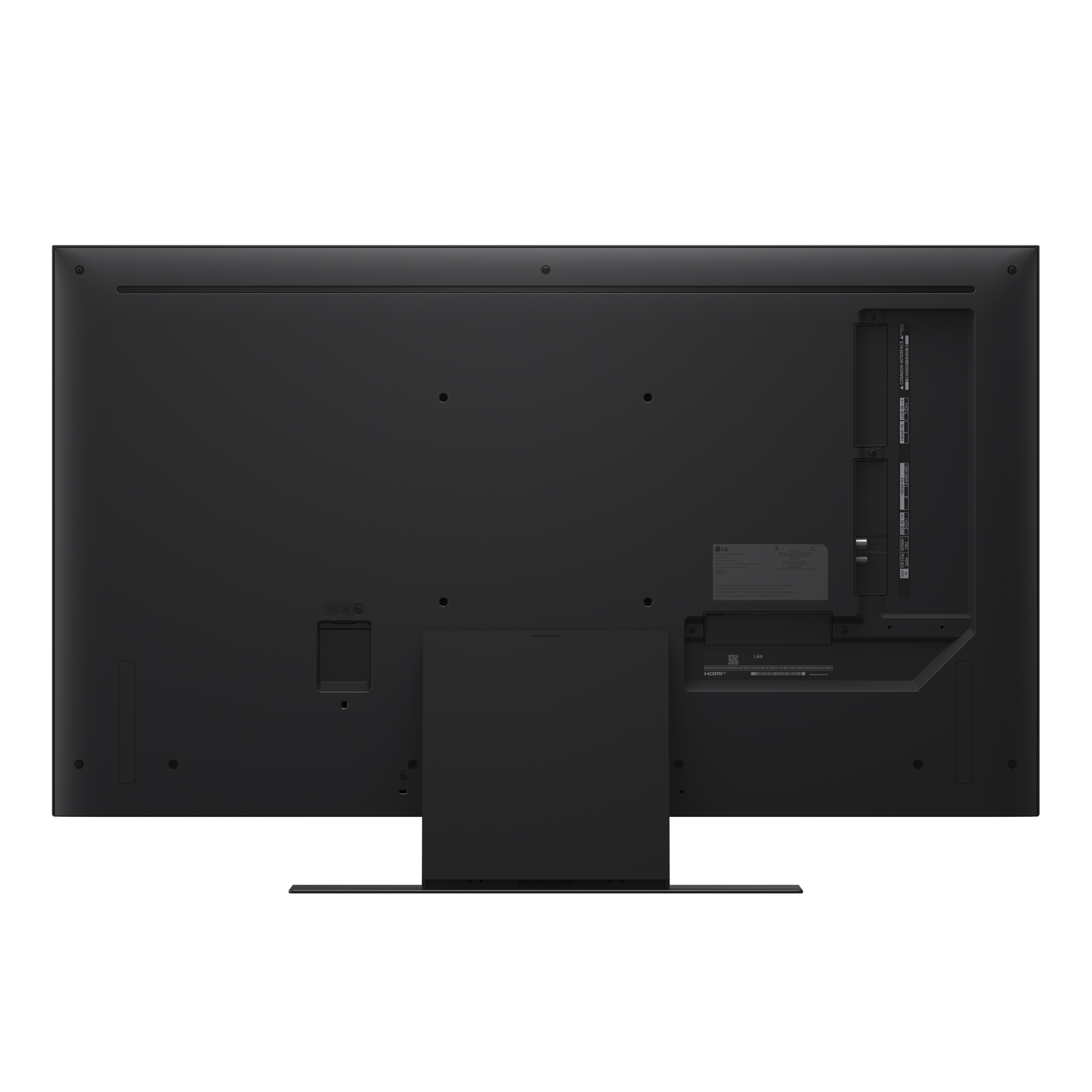 Tył czarnego telewizora z portami HDMI, USB i LAN.
