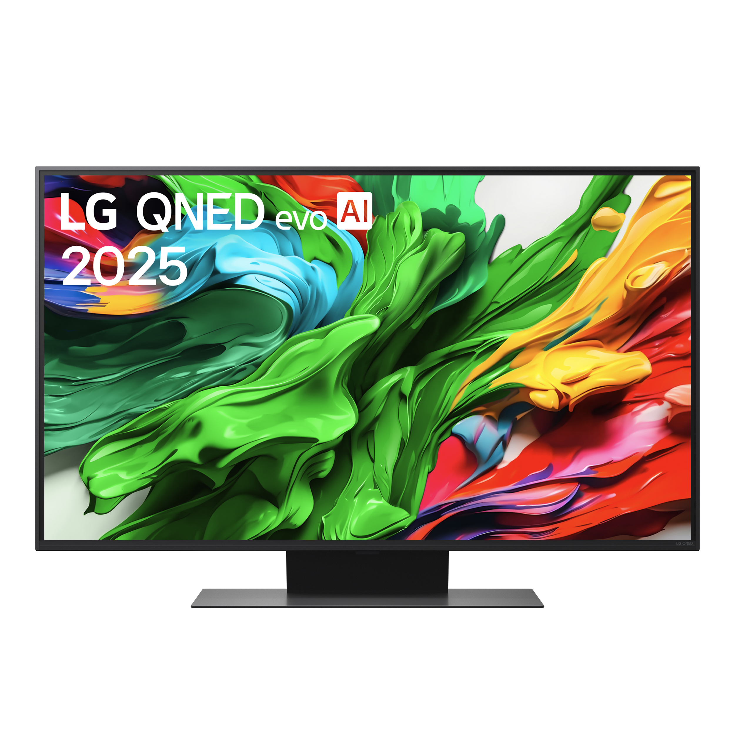 Telewizor LG QNED evo AI 2025 z żywym, abstrakcyjnym wyświetlaczem kolorów na czarnym stojaku.