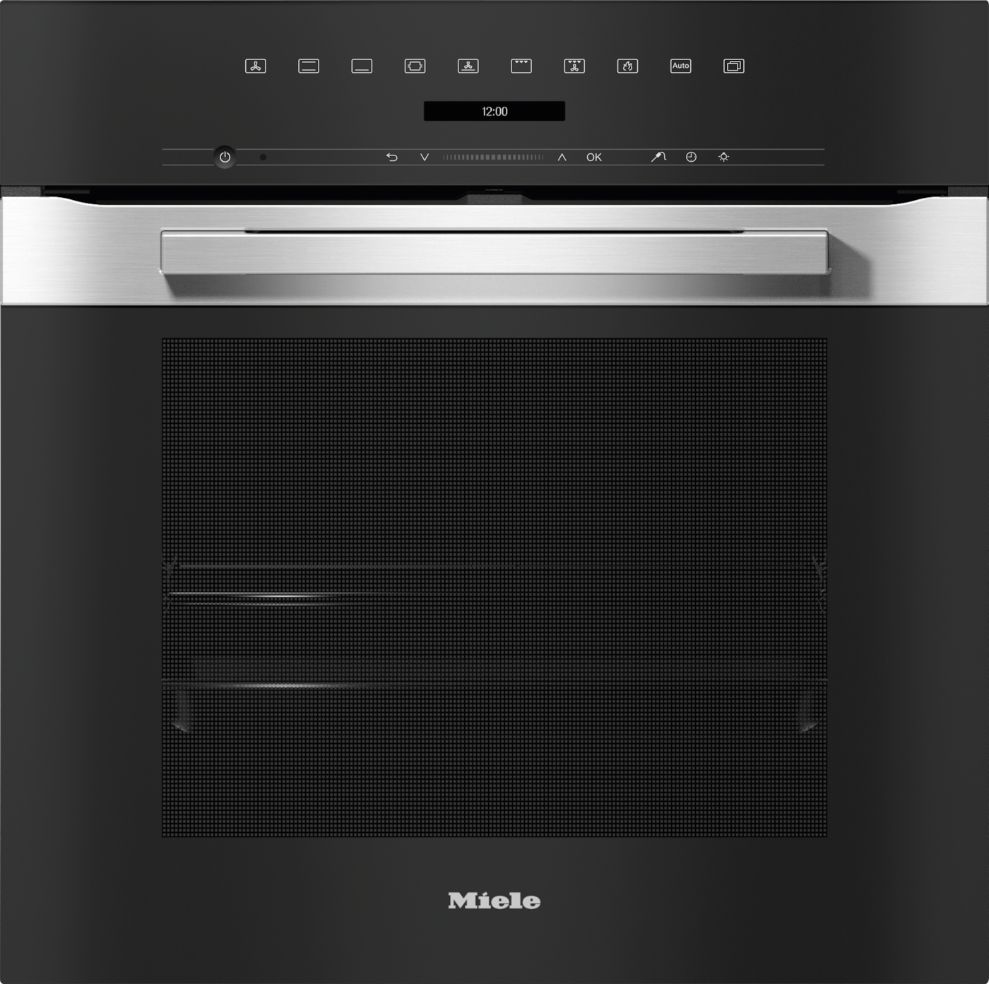 Moderner schwarzer Miele-Ofen mit digitaler Anzeige und Edelstahldetails.