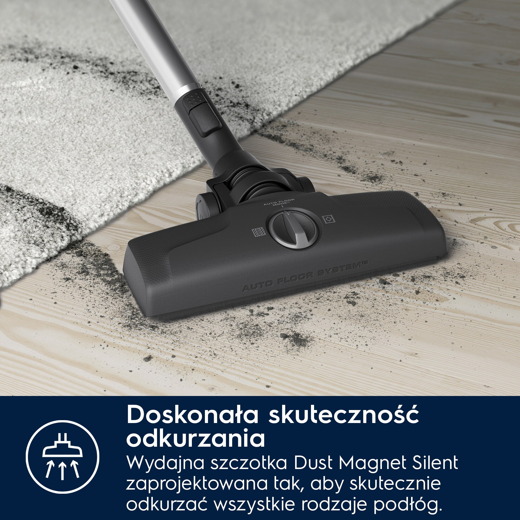 Głowica odkurzacza "Auto Floor System" czyści dywan i drewnianą podłogę.