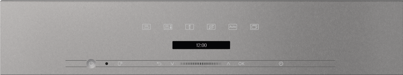 Metallbedienfeld mit Symbolen und digitaler Anzeige 12:00.