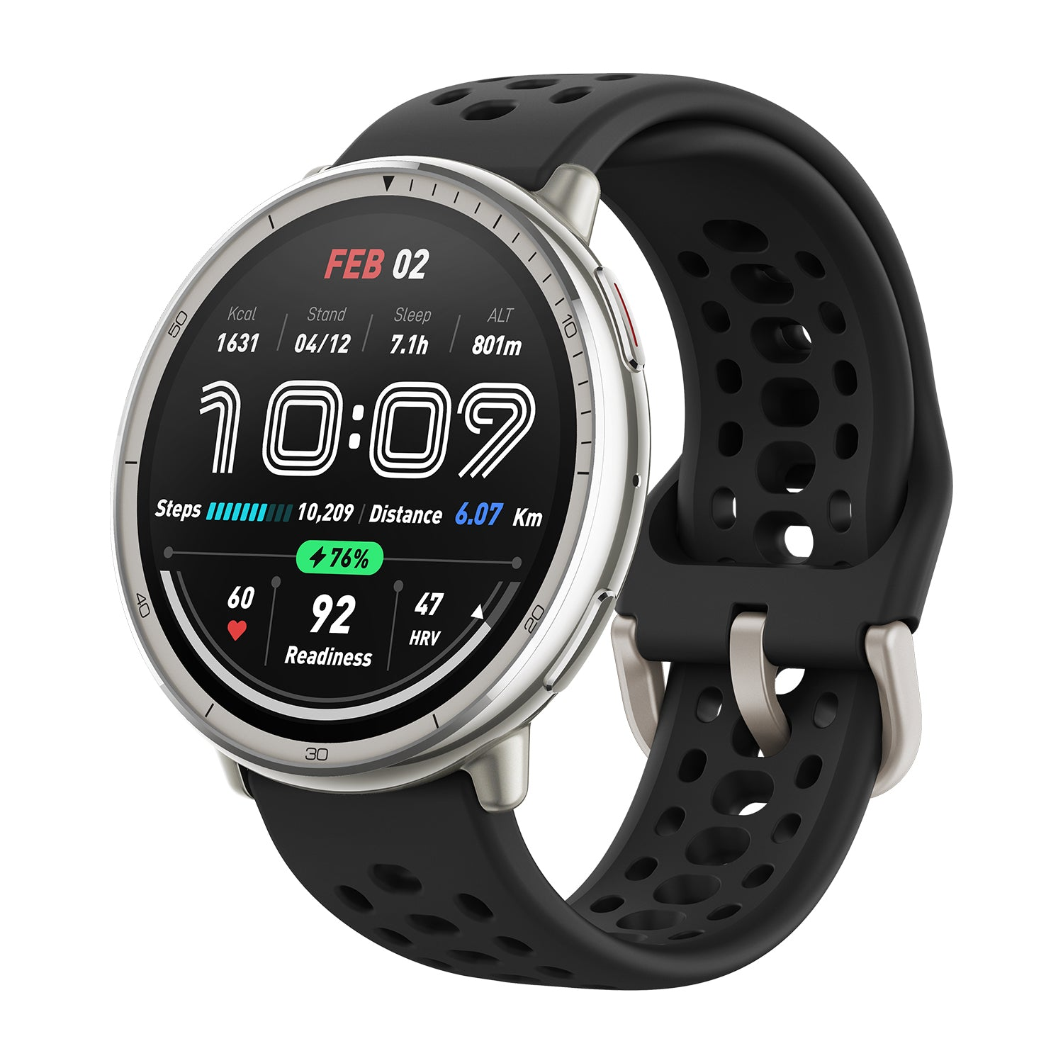 Srebrny smartwatch z czarną perforowaną bransoletą, pokazuje 10:09, 10 209 kroków, 6,07 km.
