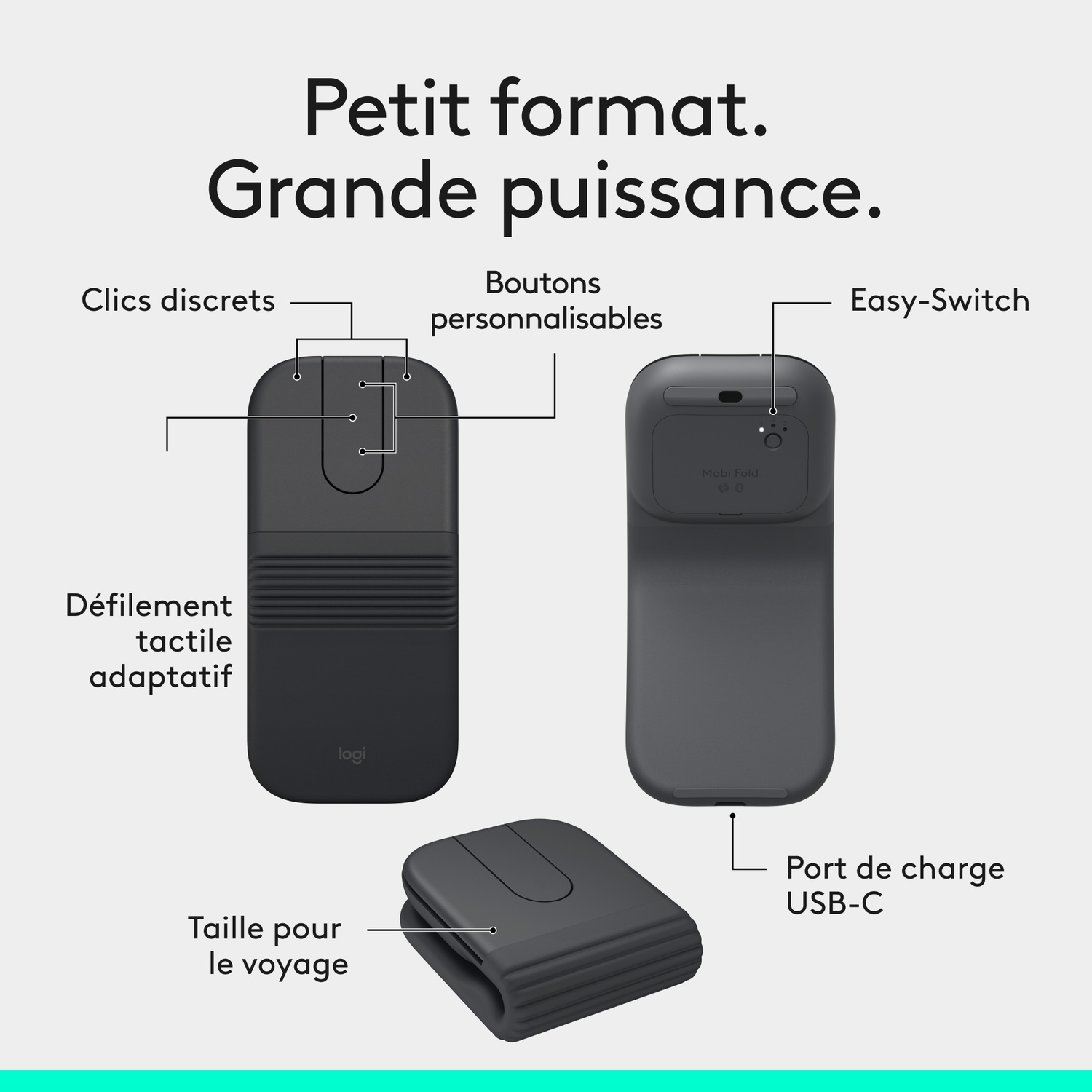 Trois souris gris foncé avec des étiquettes : une étroite, une large et une pliée.