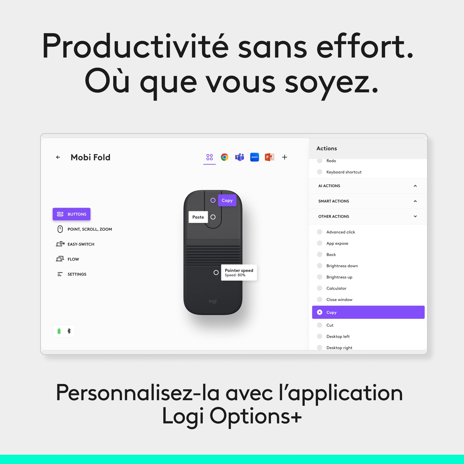 Écran d'ordinateur portable affiche le logiciel Logi Options+ avec une souris et des actions.