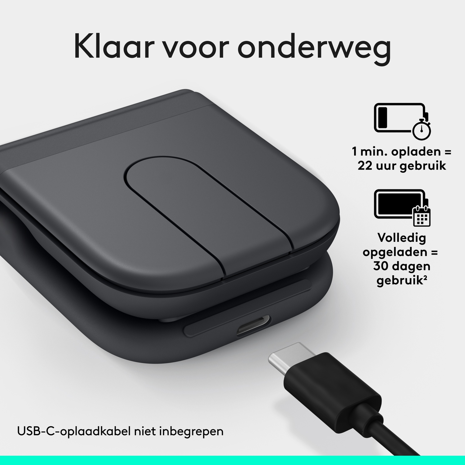 Grijze oplaadcase met USB-C poort. 1 min opladen voor 22 uur gebruik.