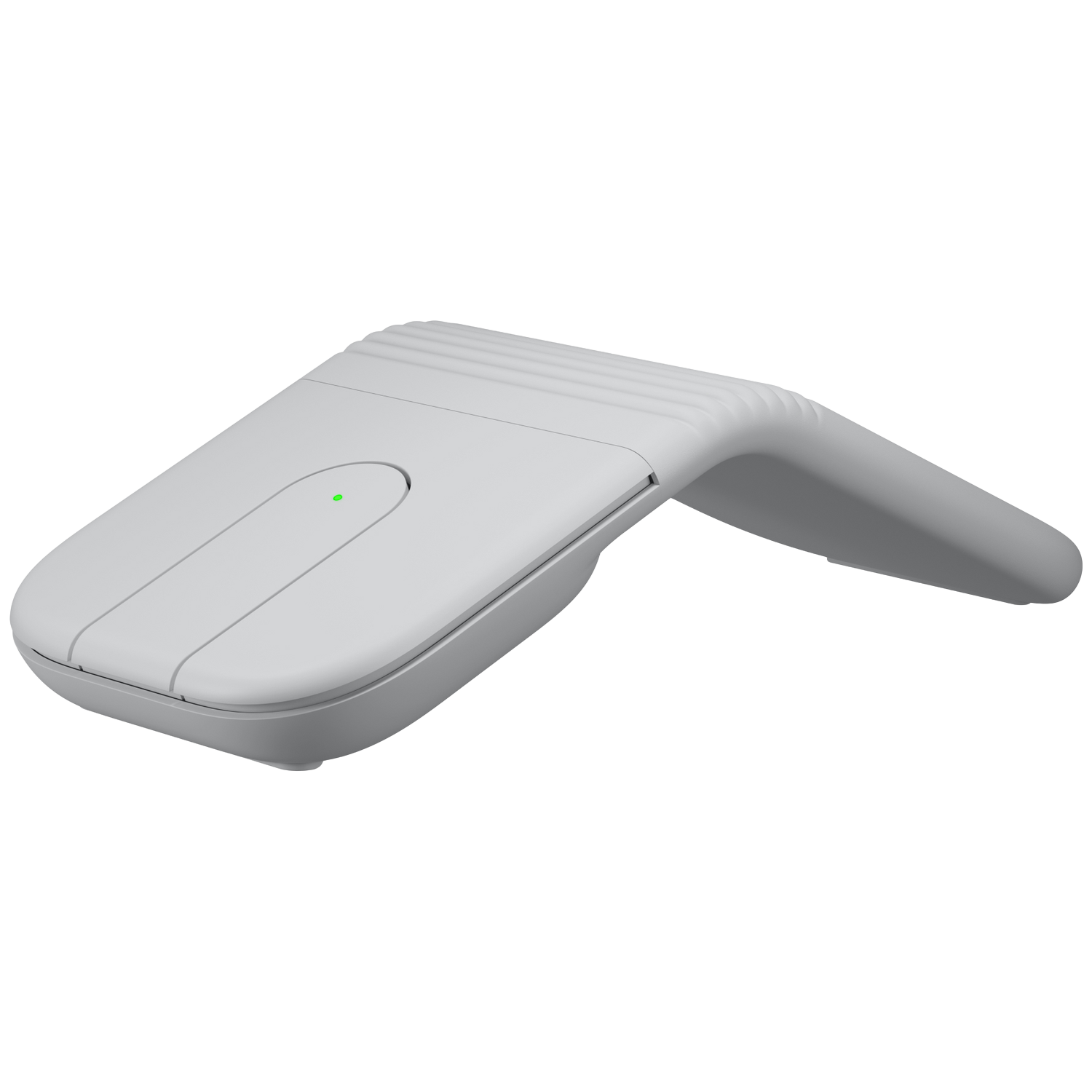 Een witte, ergonomische draadloze computermuis met een groen lampje.