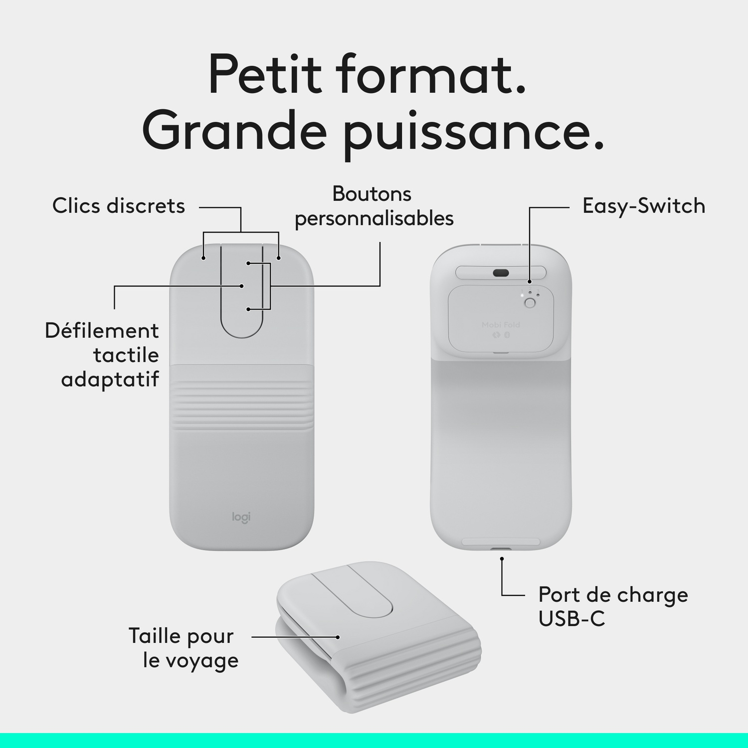 Un accessoire informatique gris clair avec étiquettes, montrant une souris et un étui de voyage.