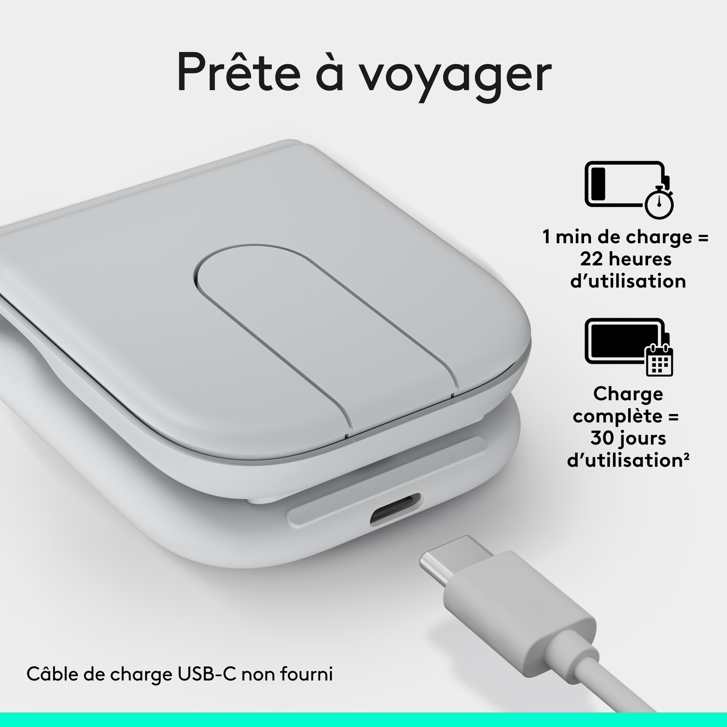 Un appareil gris avec un câble USB-C et des informations de charge.