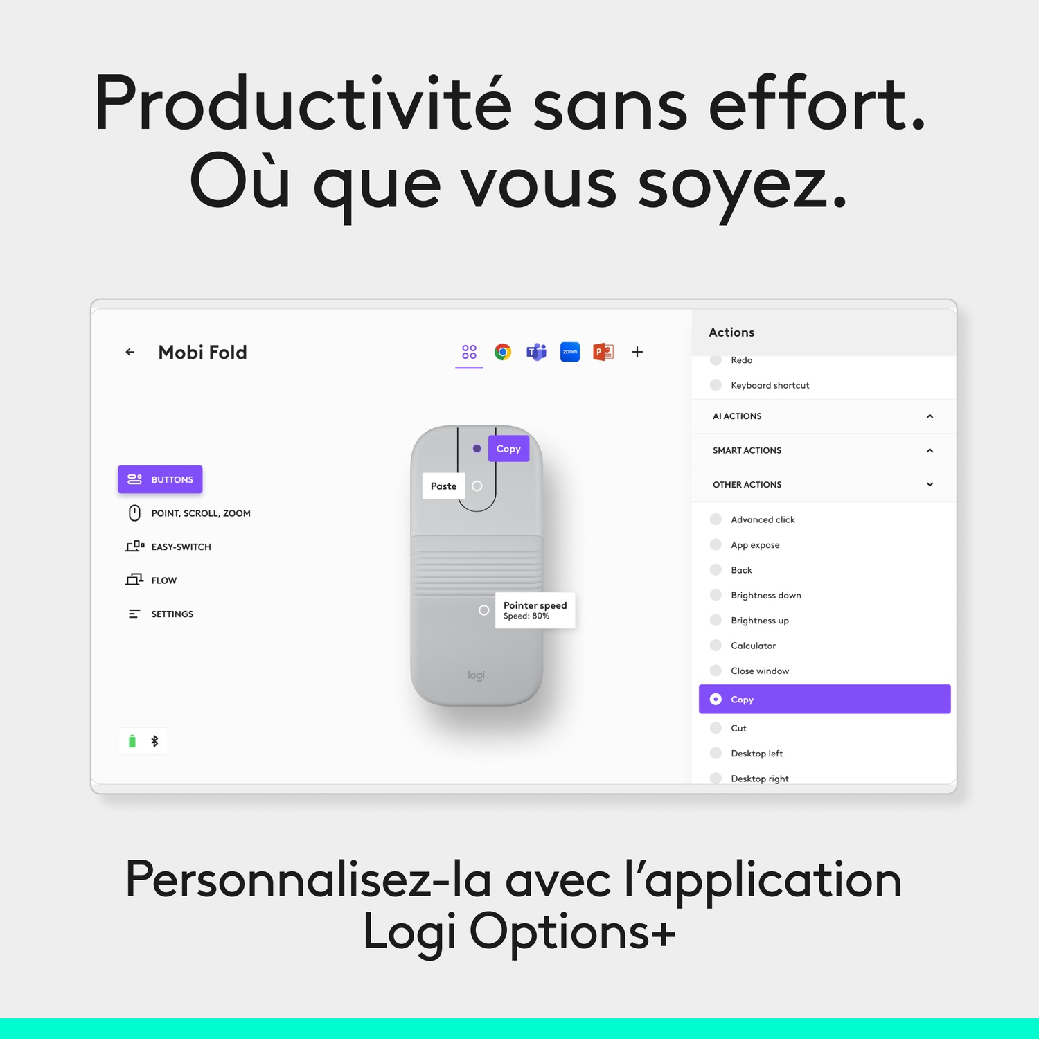L'app Logi Options+ affiche les paramètres de la souris, actions comme Copier, vitesse du pointeur.