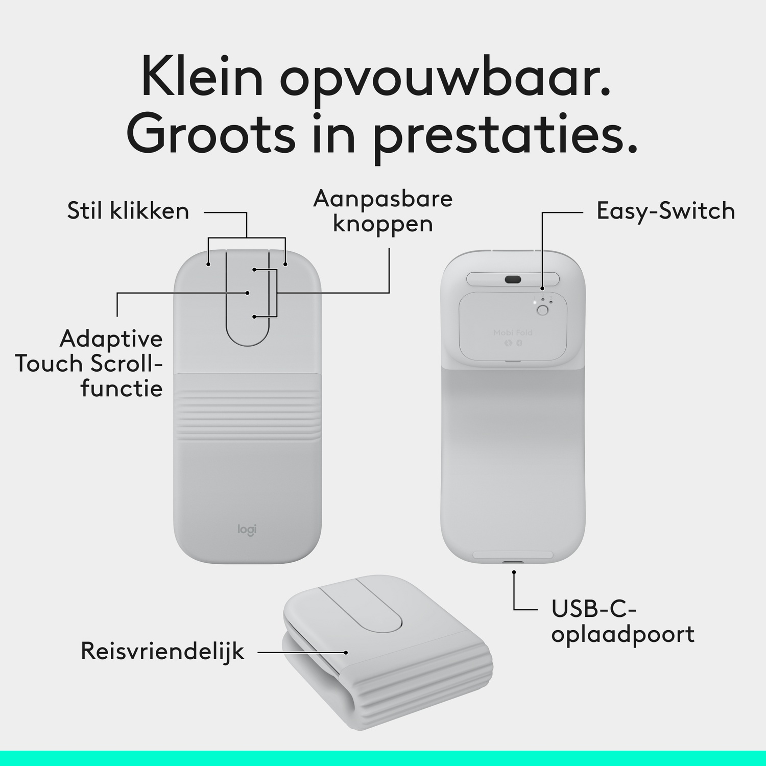 Grijze muis met labels: stille kliks, adaptief scrollen, aanpasbare knoppen, USB-C oplaadpoort.