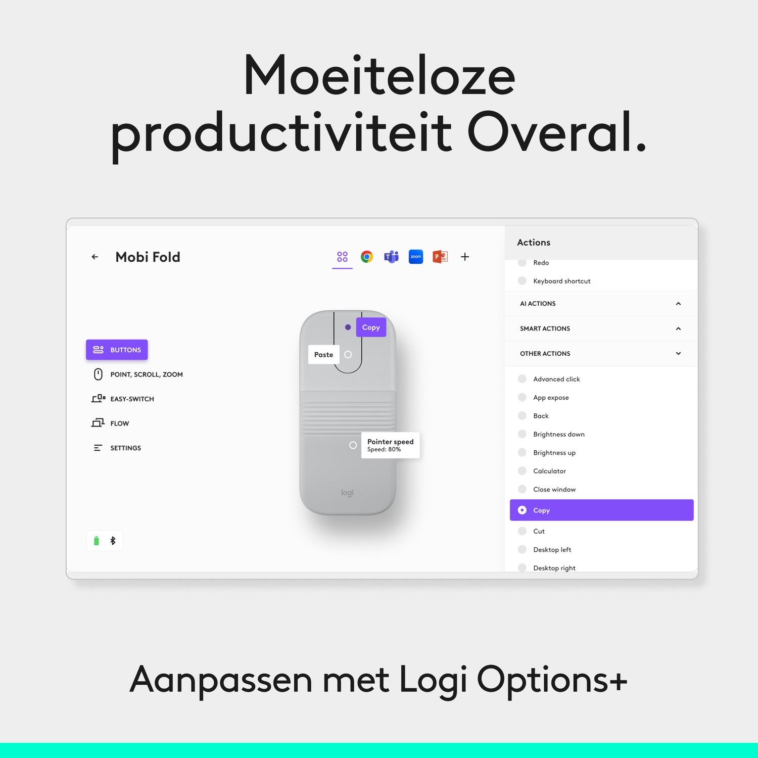Logi Options+ software toont een muis en configureerbare acties zoals Kopiëren.