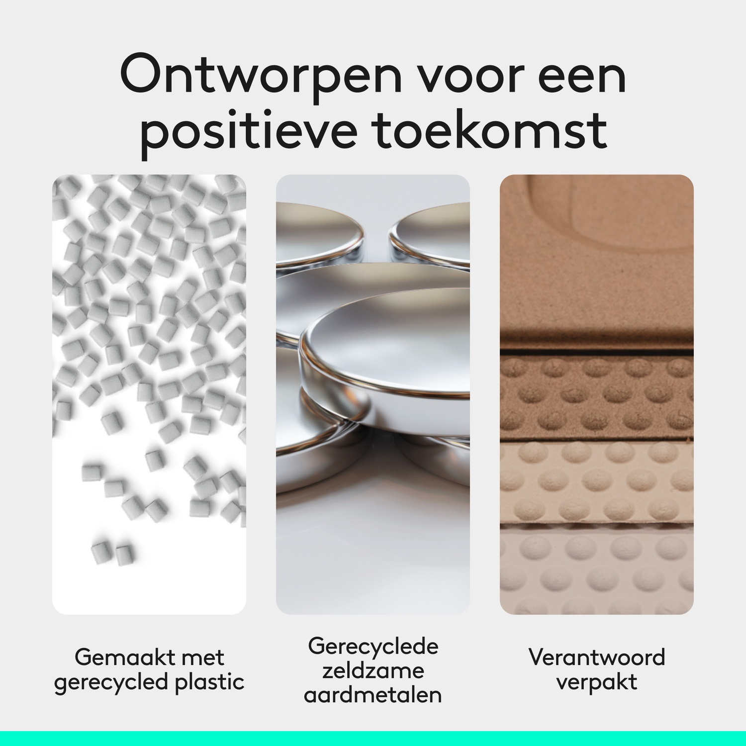 Drie beelden tonen gerecycled plastic, zeldzame metalen en verantwoorde verpakking.