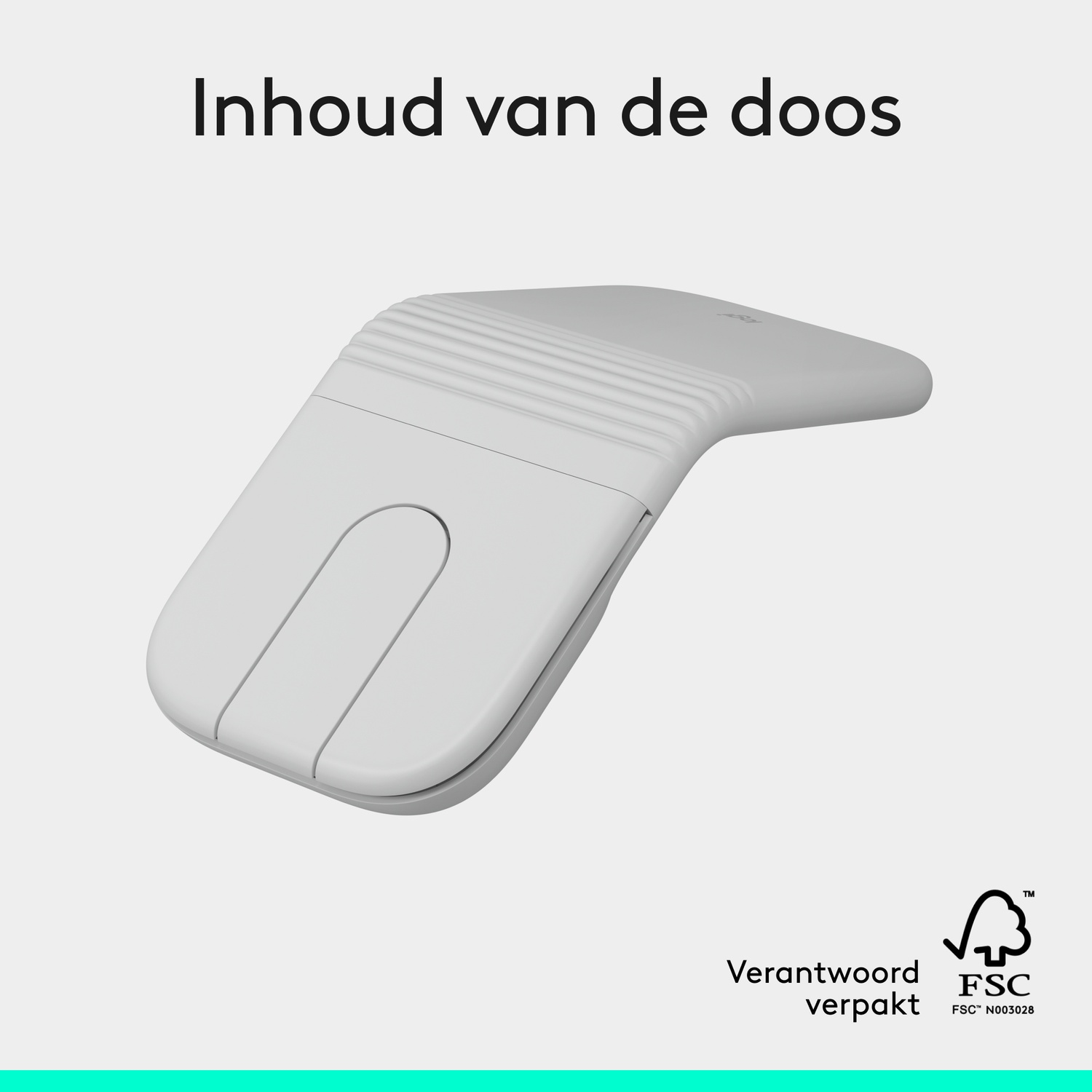 Inhoud van de doos: een witte ergonomische computermuis.
