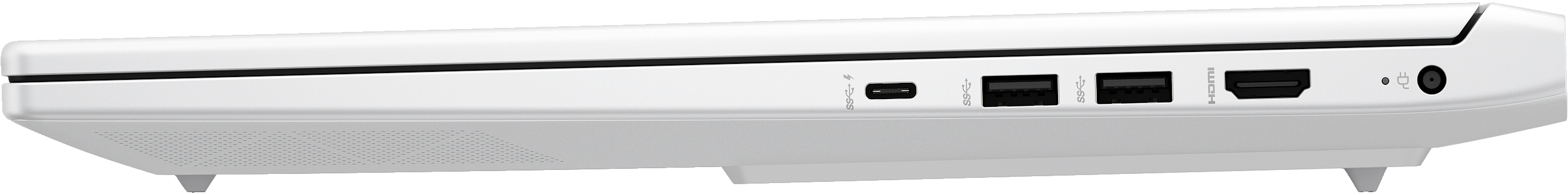 Biała podstawa laptopa z portami: USB-C, 2x USB-A, HDMI, zasilanie.