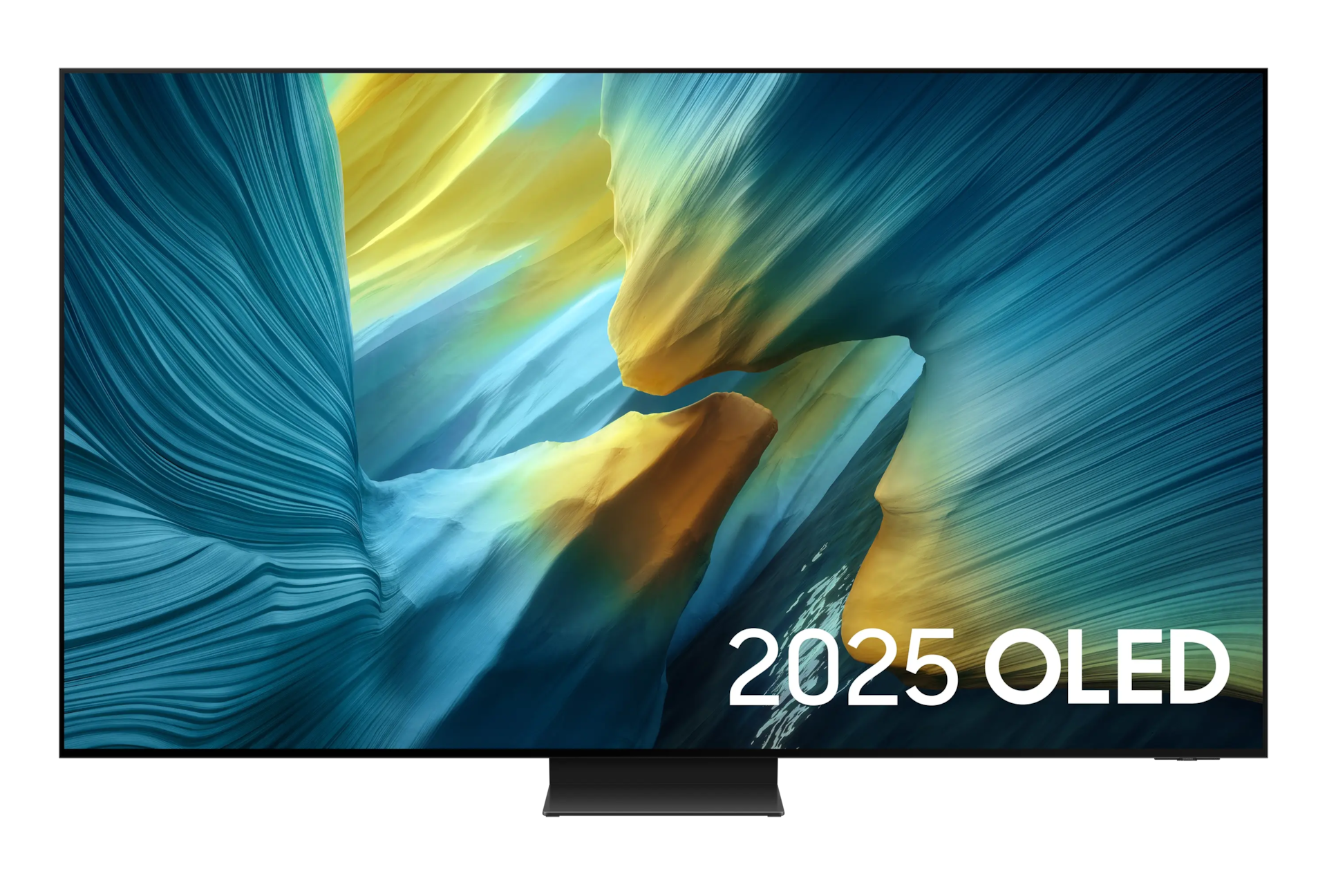 Nowoczesny telewizor OLED z abstrakcyjnym, falistym tłem w kolorach niebieskim i żółtym.