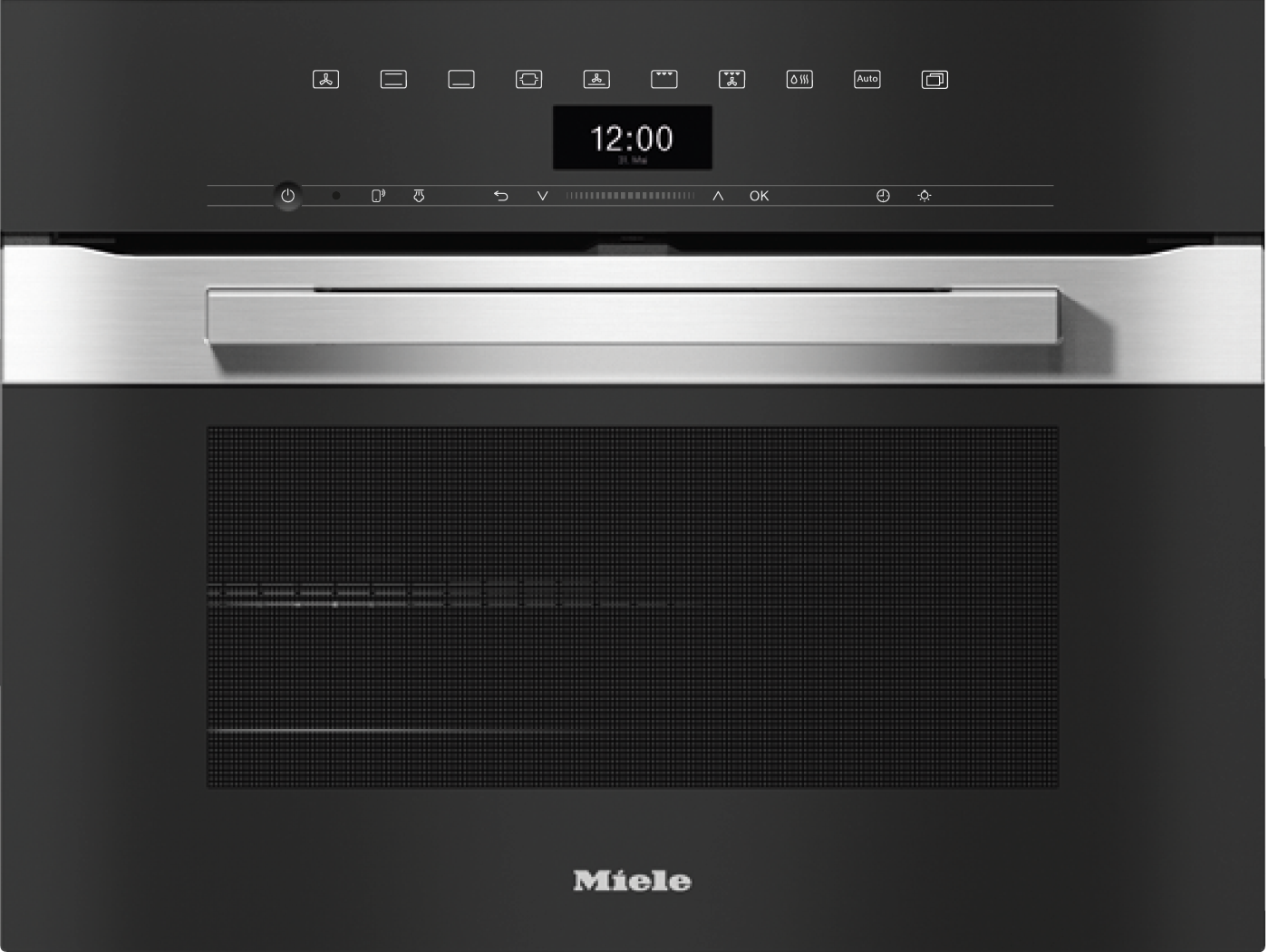 Moderner schwarzer Miele-Ofen mit Digitalanzeige (12:00) und gebürstetem Metallgriff.