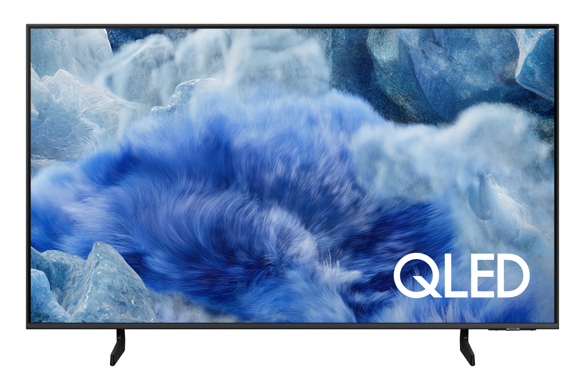 Nowoczesny telewizor QLED wyświetlający abstrakcyjny niebiesko-biały obraz.