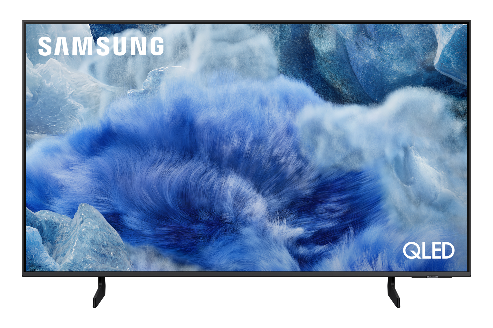 Telewizor Samsung QLED wyświetla abstrakcyjne niebiesko-białe tło.