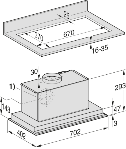 Diagramm zeigt Maße für eine Dunstabzugshaubeninstallation. Draufsicht auf Arbeitsplattenausschnitt, Seitenansicht der Haube.