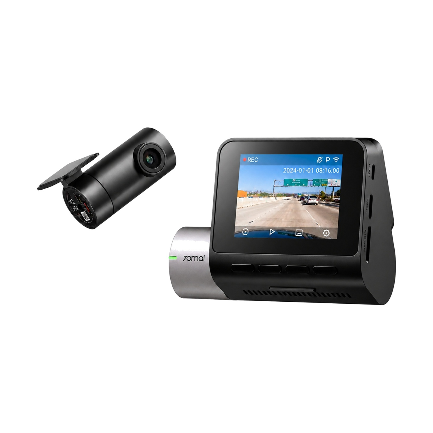 Due dashcam su bianco: una telecamera cilindrica e un'unità principale con schermo.