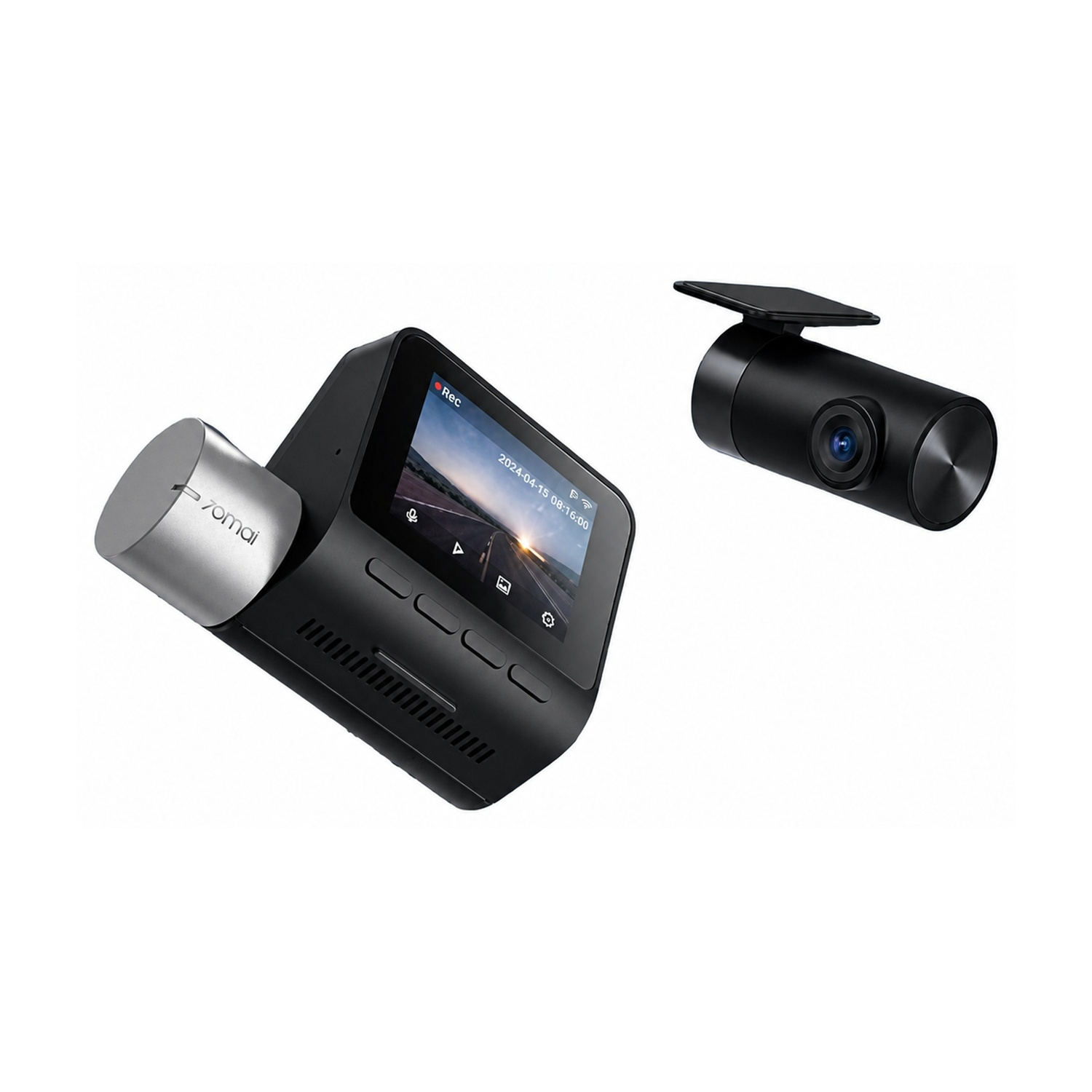 Due dashcam: una nera cilindrica con lente, l'altra un blocco nero con schermo.
