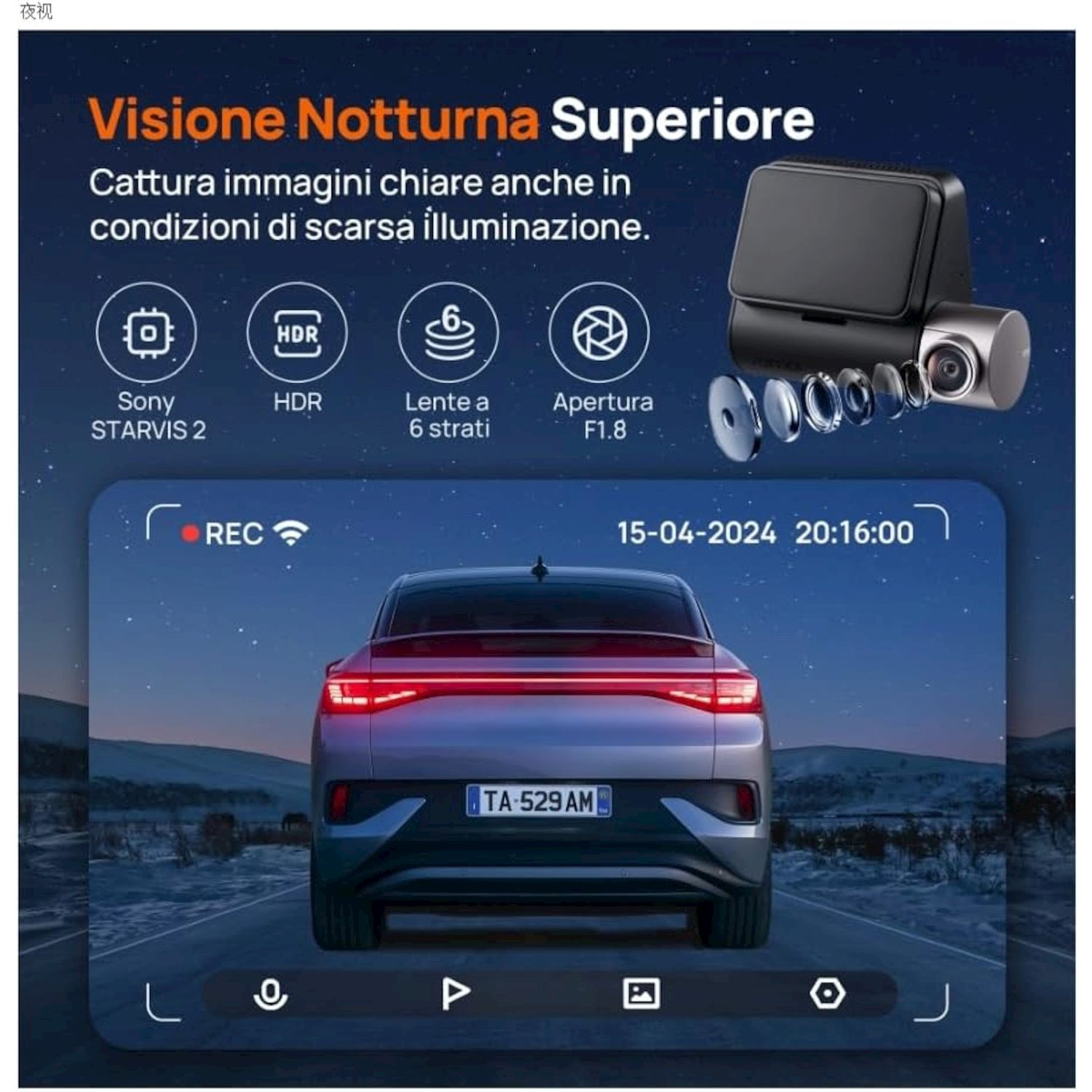 Dashcam mostra vista posteriore auto di notte con cielo stellato.