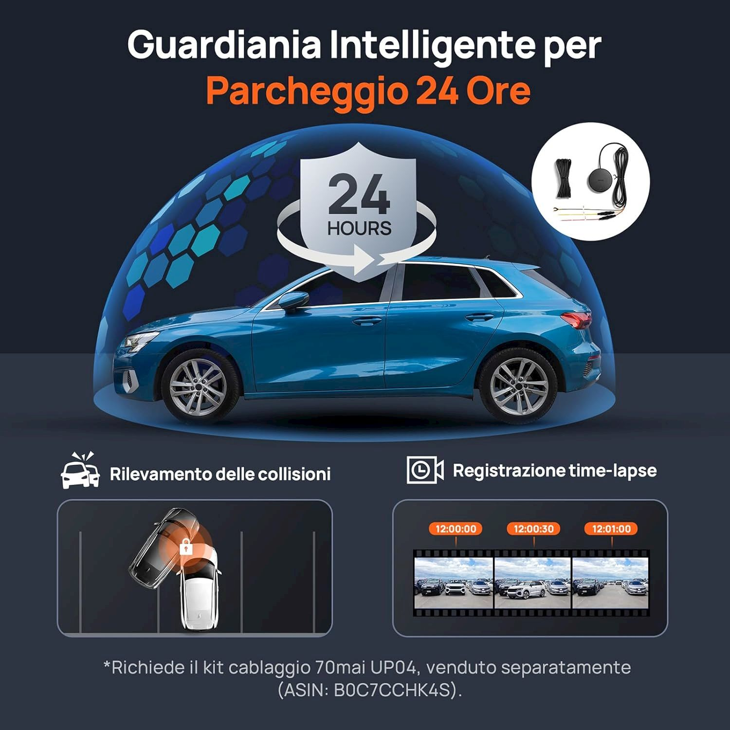 SUV blu parcheggiato, protetto da scudo 24 ore. Accessori e registrazione time-lapse mostrati.