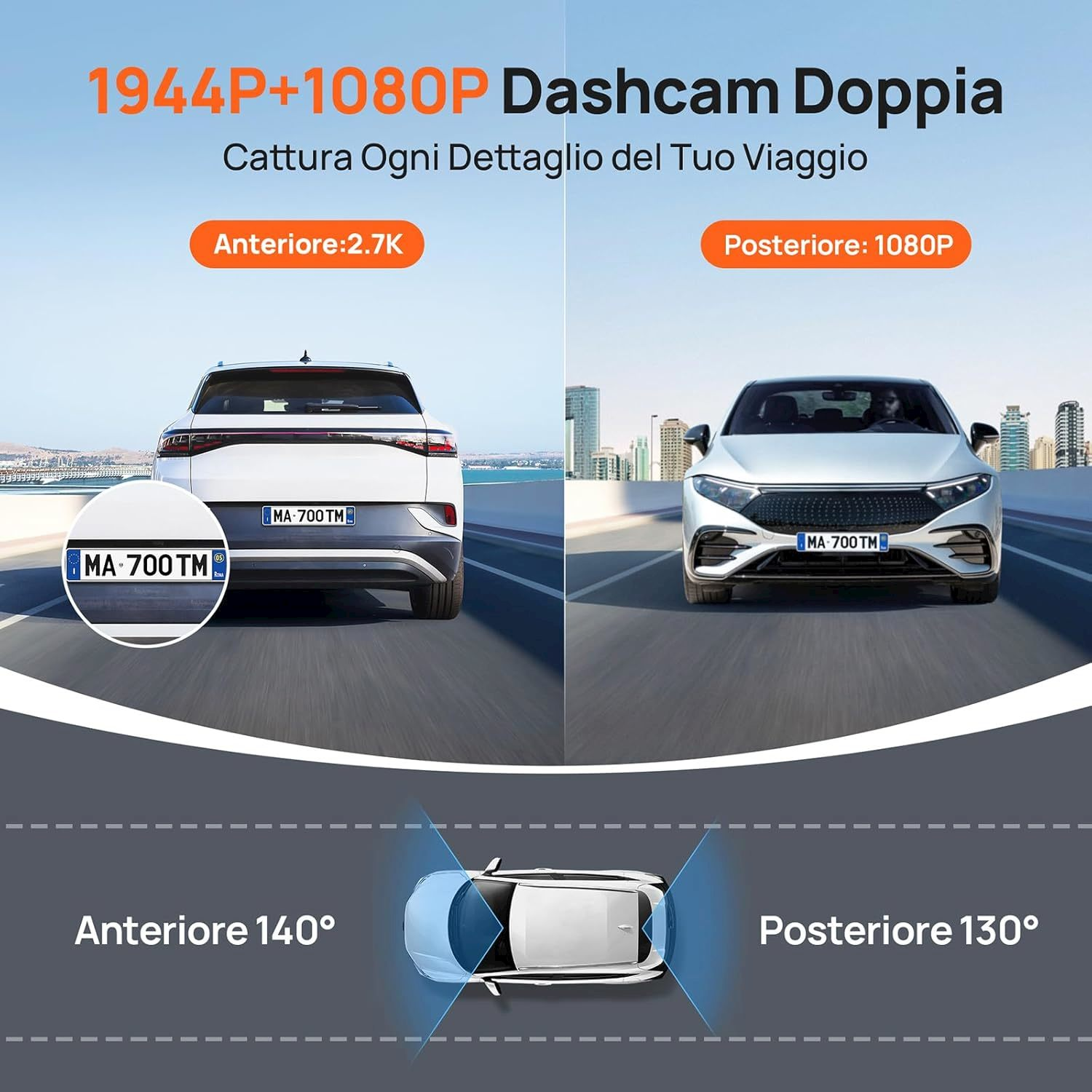 Doppia Dashcam: Anteriore 2.7K, Posteriore 1080P. Angolo 140° anteriore, 130° posteriore.