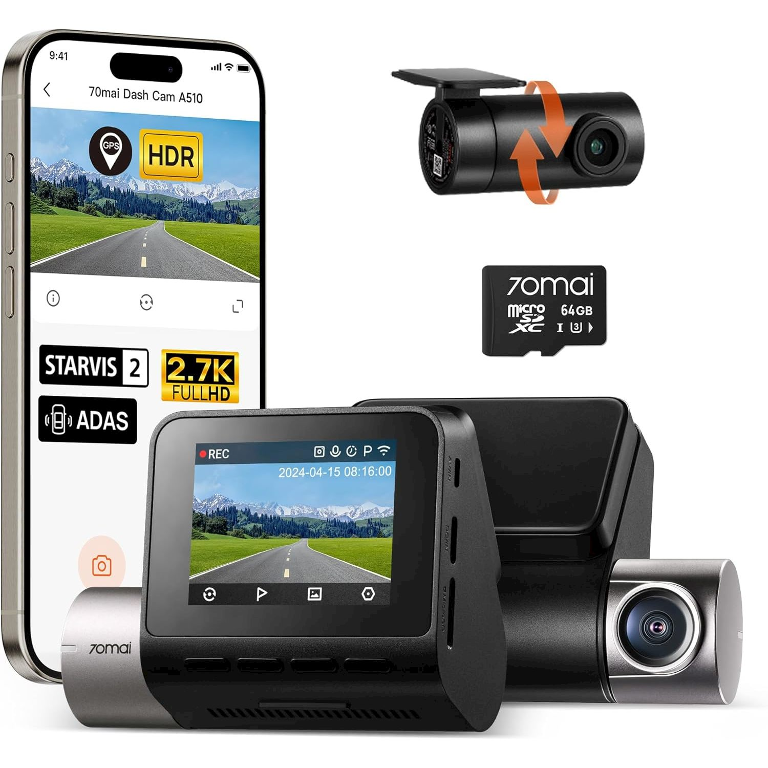 Uno smartphone mostra un'app dashcam, accanto una dashcam, scheda di memoria e fotocamera separata.