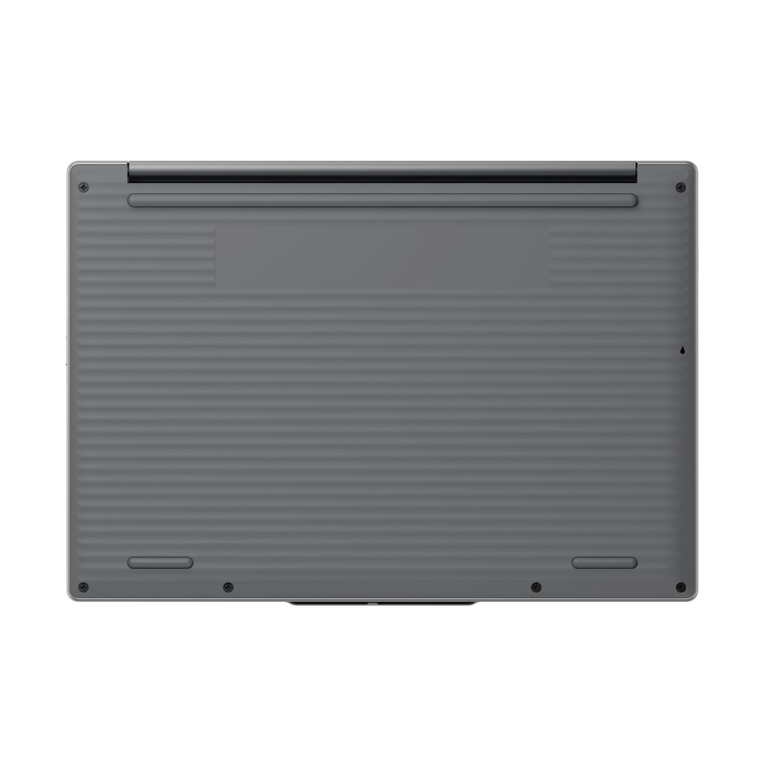 Parte inferiore di un laptop grigio con scanalature e viti.