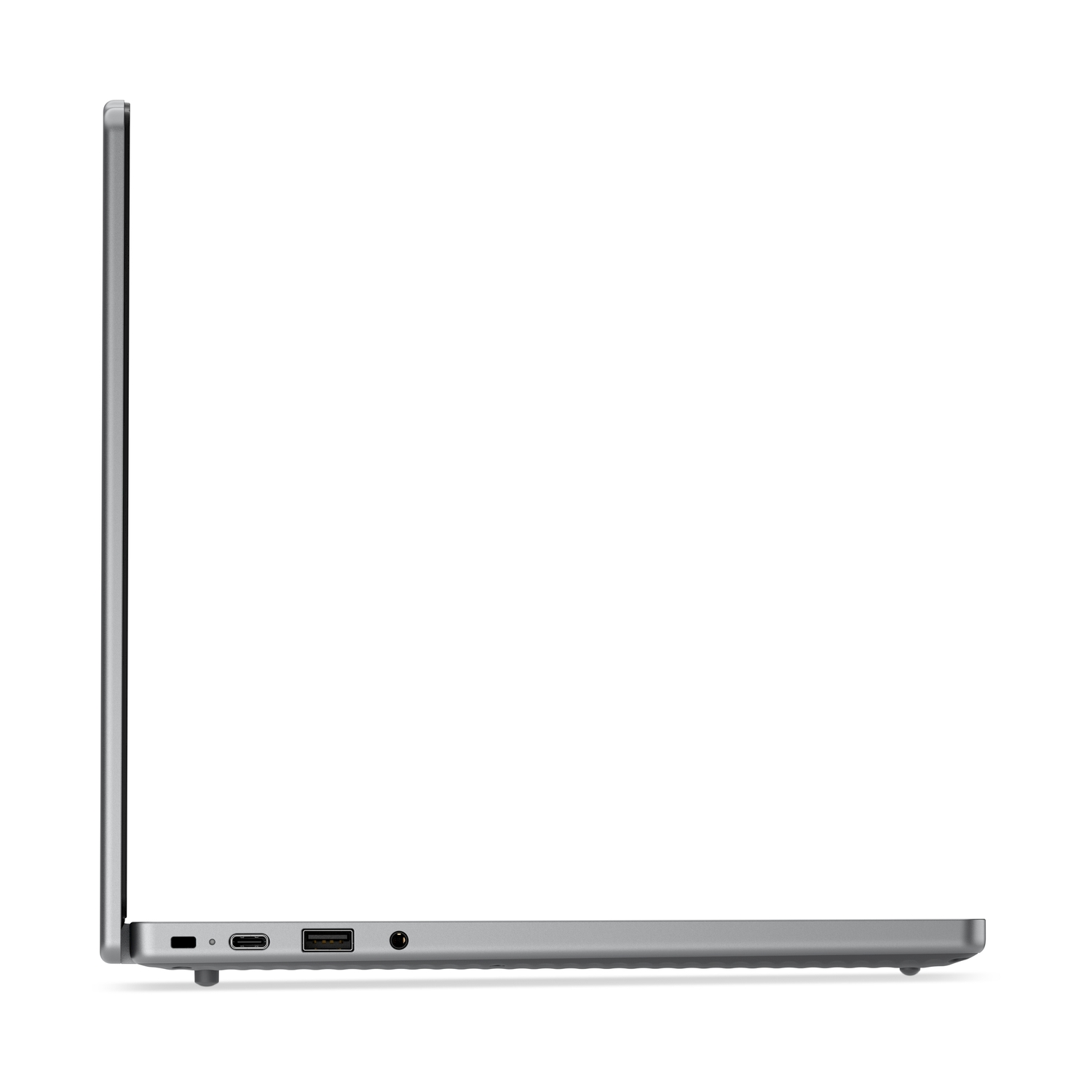Vista laterale di un laptop grigio con porte USB-C, USB-A e jack per cuffie.