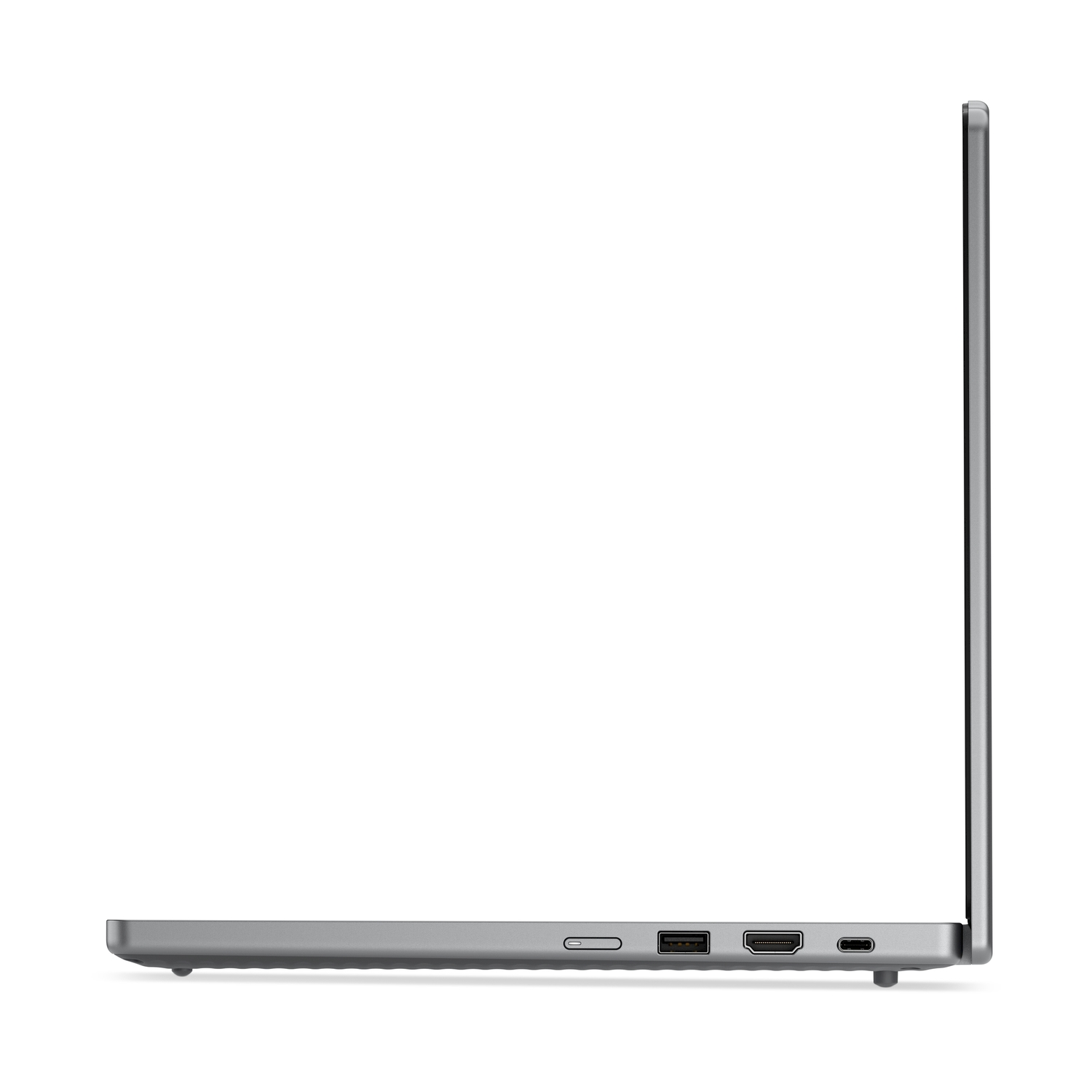 Vista laterale di un laptop argentato. Porte: USB-A, HDMI e USB-C.