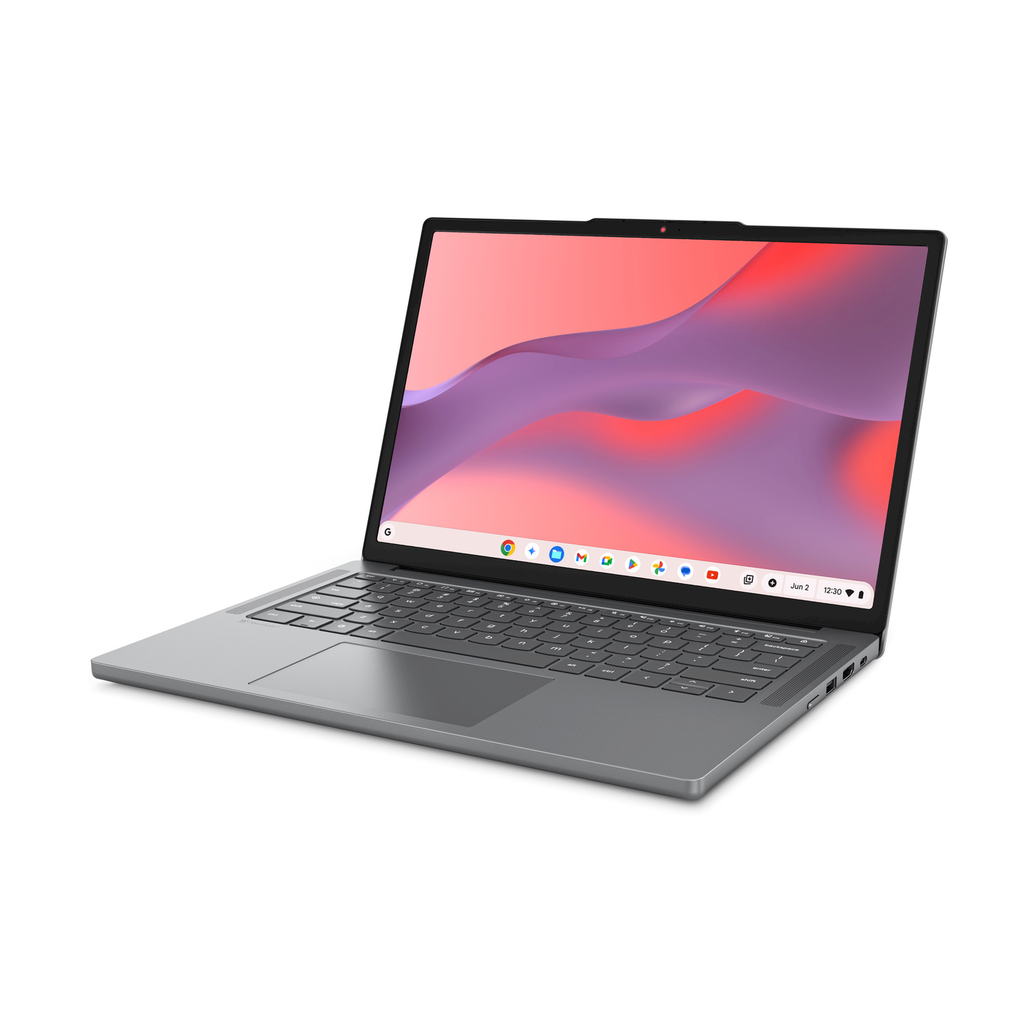 Un laptop argentato aperto con uno sfondo colorato sullo schermo.