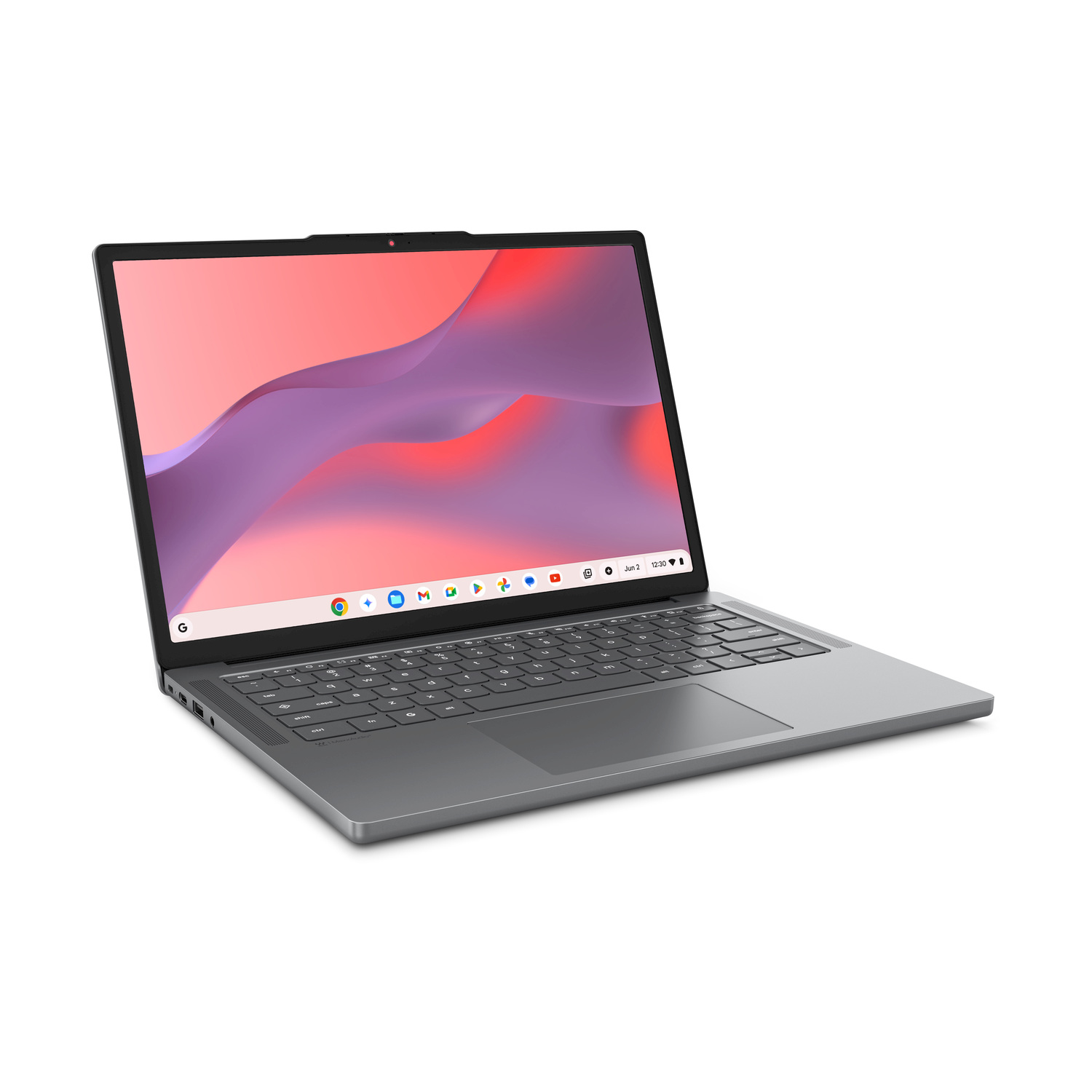 Un laptop Chromebook grigio aperto, che mostra uno sfondo astratto rosa e viola sullo schermo.