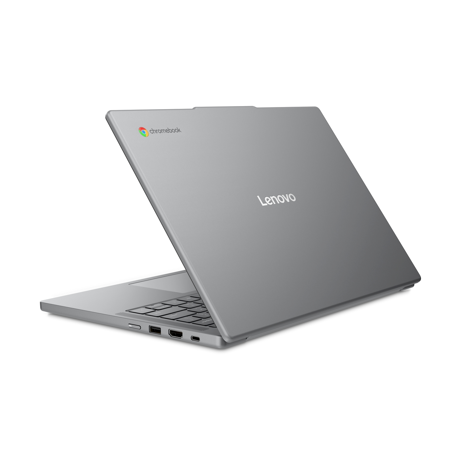 Un laptop Lenovo Chromebook argentato chiuso con il logo Chromebook.