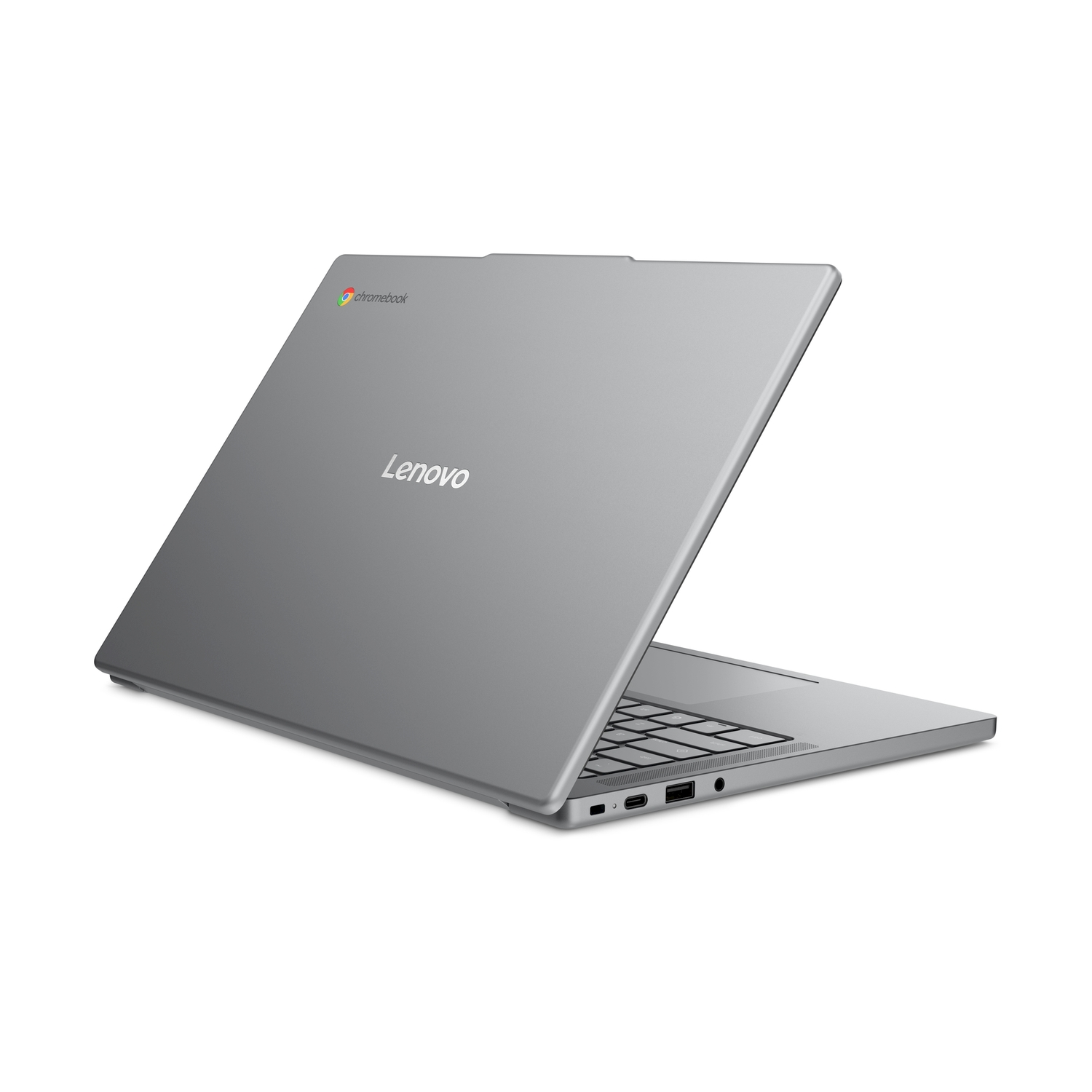 Un Chromebook Lenovo argentato è aperto, mostra la tastiera e le porte sul lato destro.