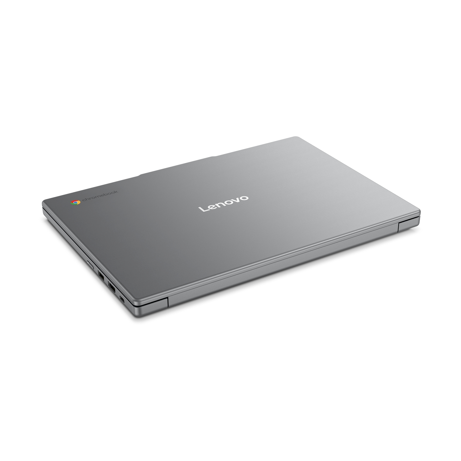 Un laptop Lenovo Chromebook argentato chiuso su sfondo bianco.