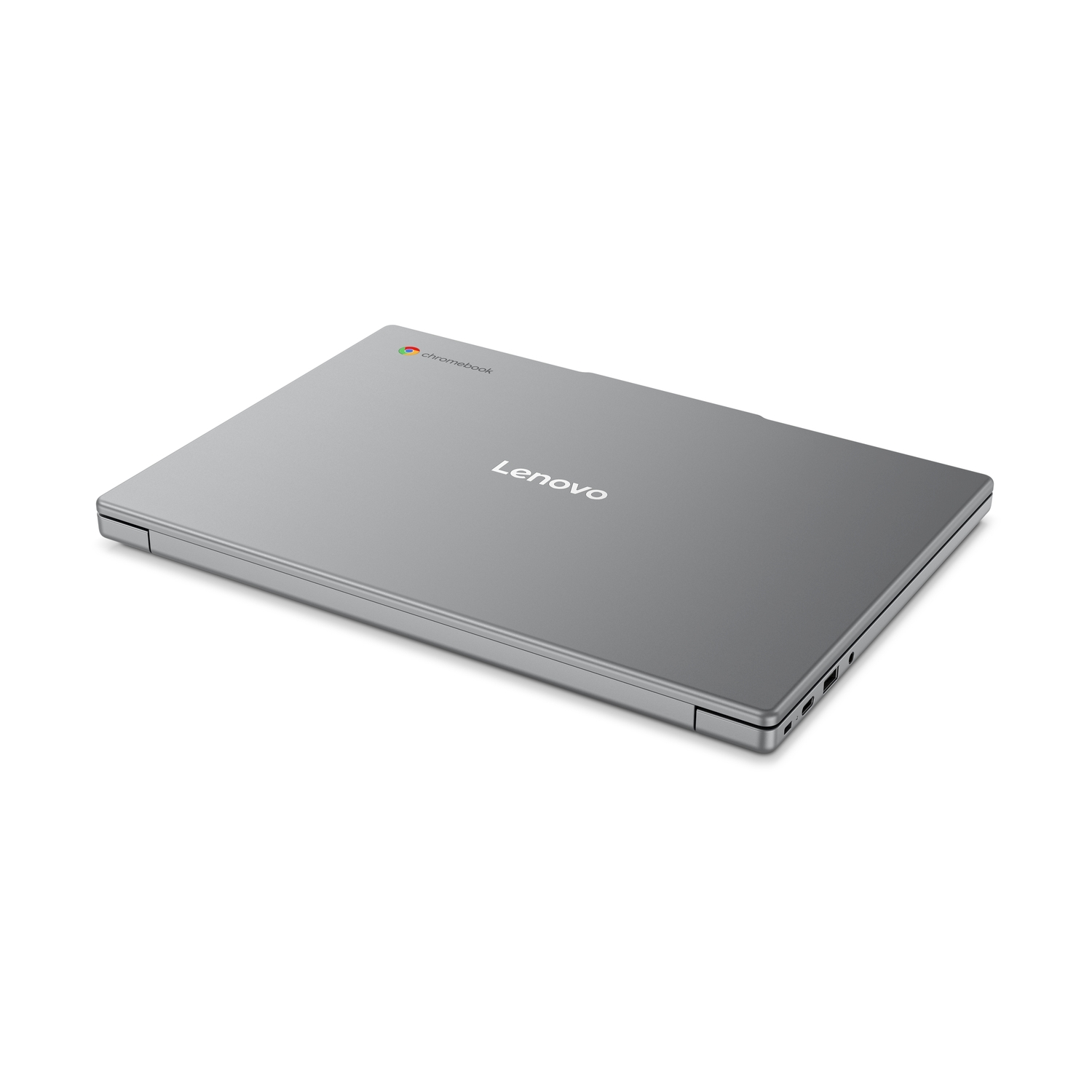 Laptop Lenovo Chromebook argentato chiuso su sfondo bianco.