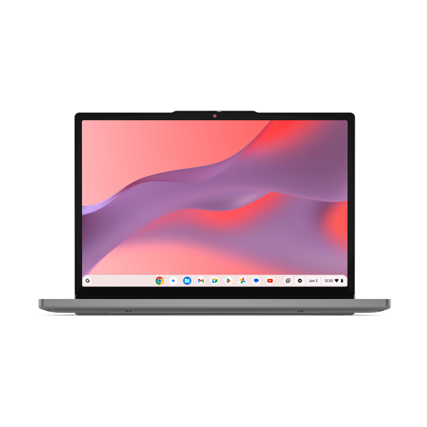 Un laptop grigio aperto mostra uno sfondo astratto colorato e una barra delle applicazioni.
