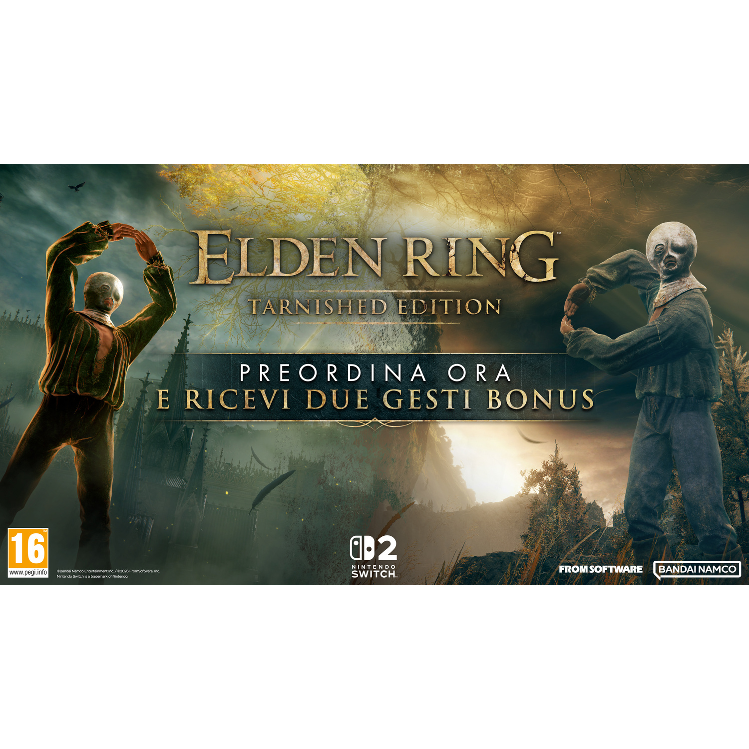 Copertina Elden Ring Tarnished Edition con due figure e loghi del gioco.