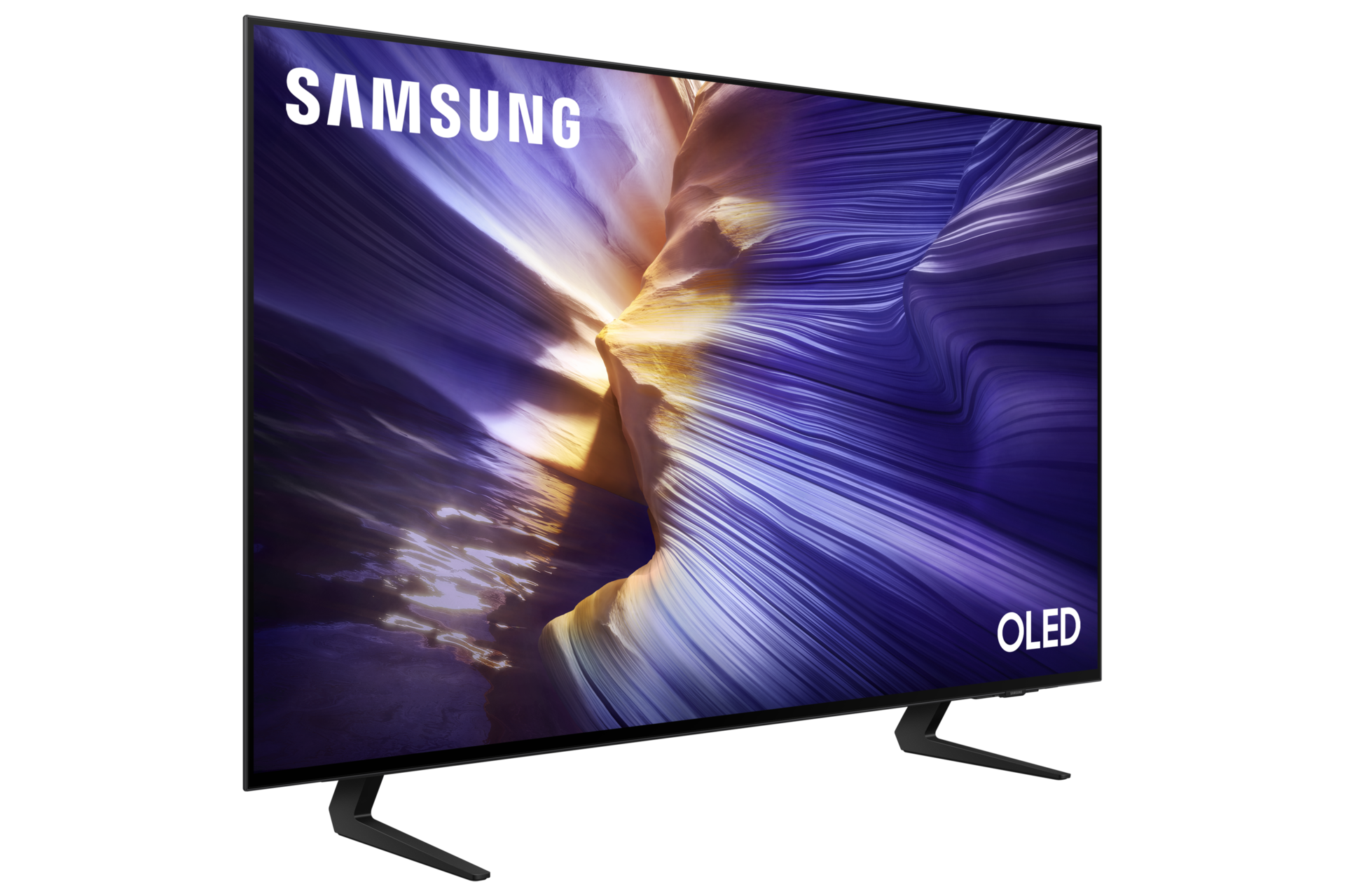 Ein Samsung OLED-Fernseher mit einem abstrakten Hintergrund in Lila und Gelb.