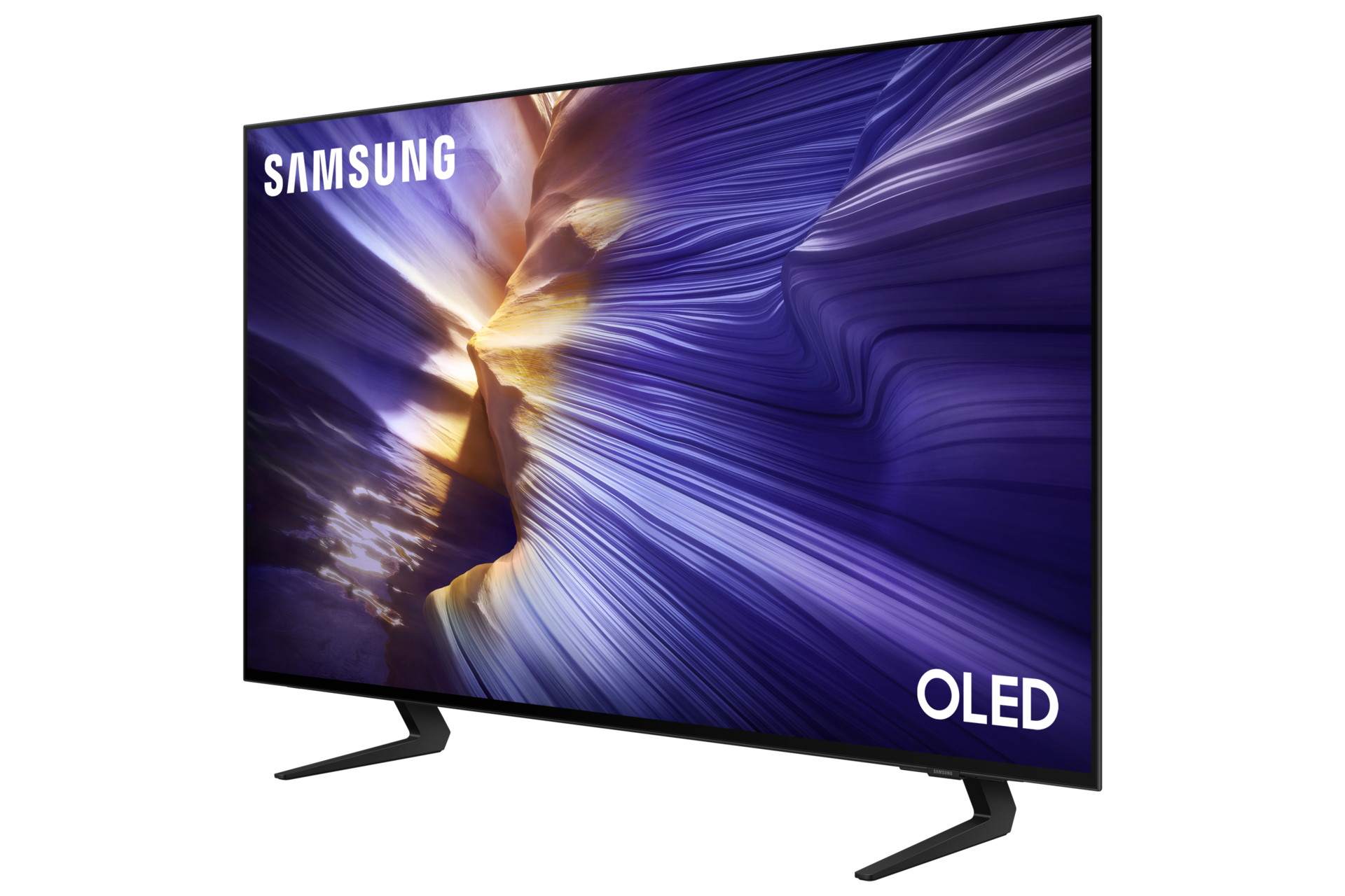 Ein Samsung OLED-Fernseher mit einem stilisierten Berg-Hintergrundbild.