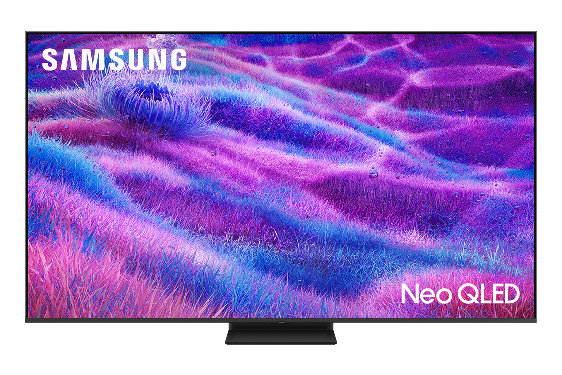 Telewizor Samsung Neo QLED wyświetla żywe, abstrakcyjne tło w odcieniach fioletu i błękitu.