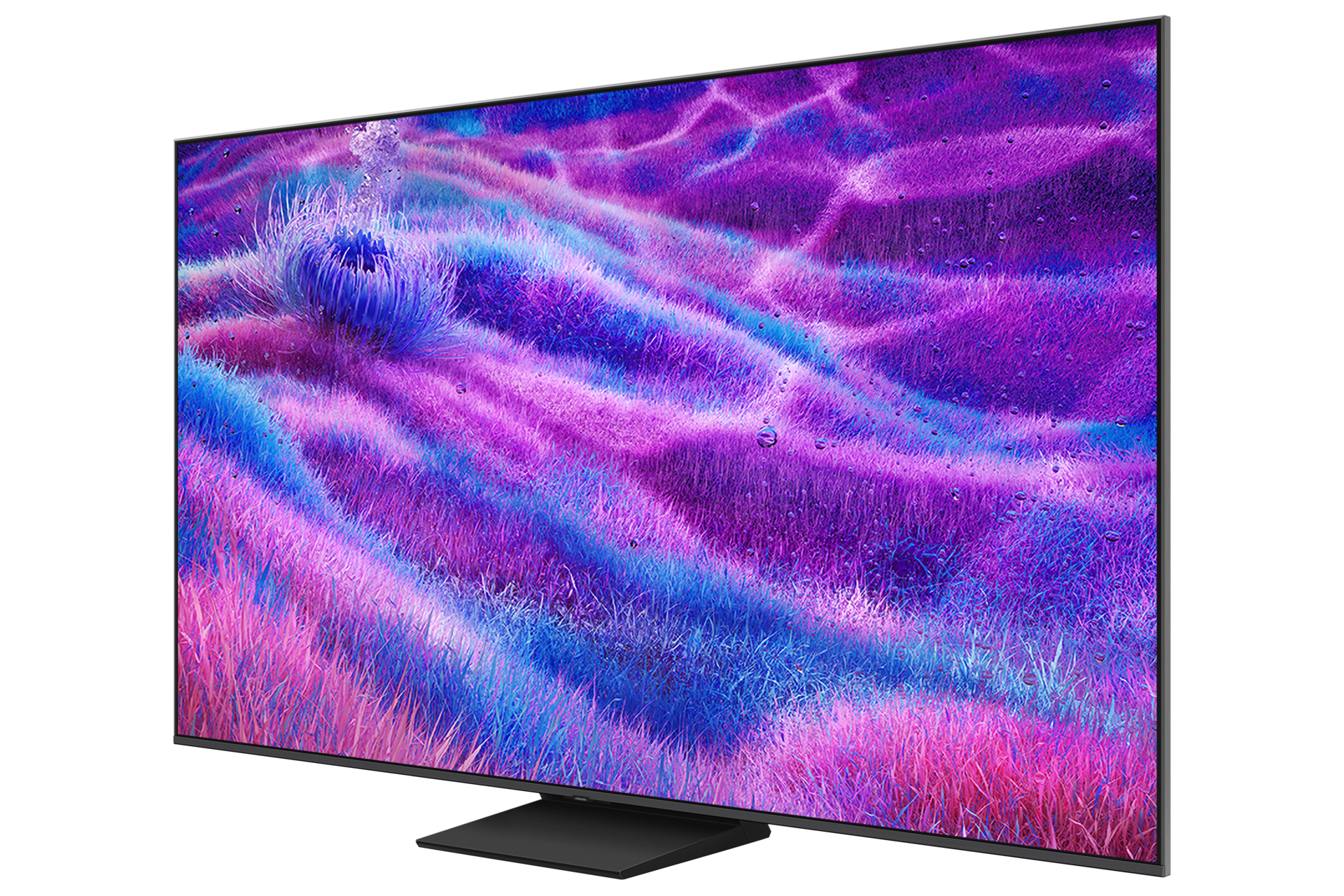 Nowoczesny ekran telewizora wyświetla żywy, abstrakcyjny obraz fioletowej i niebieskiej trawy z kroplami wody.