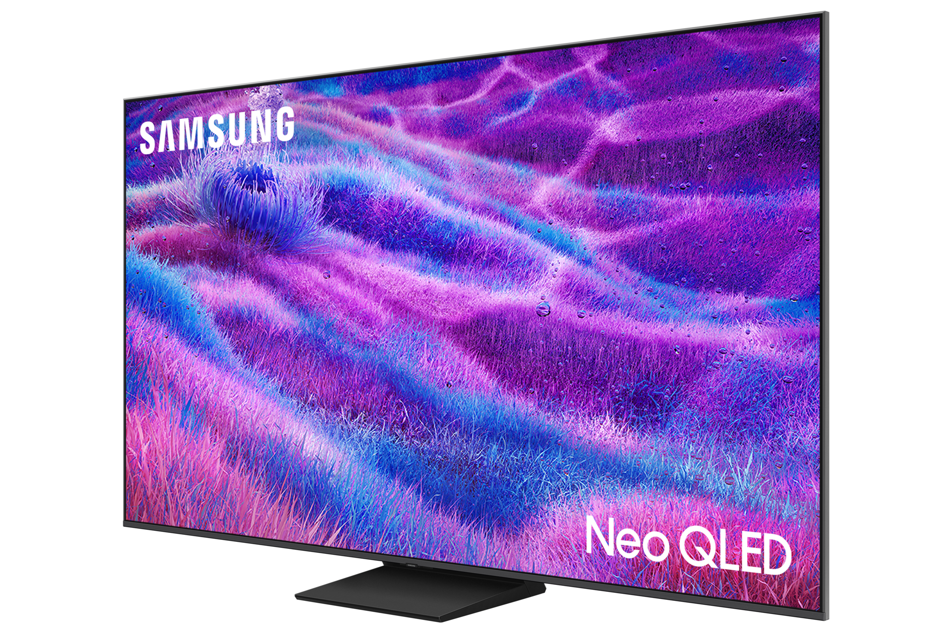 Telewizor Samsung Neo QLED z fioletowo-niebieską grafiką abstrakcyjną.