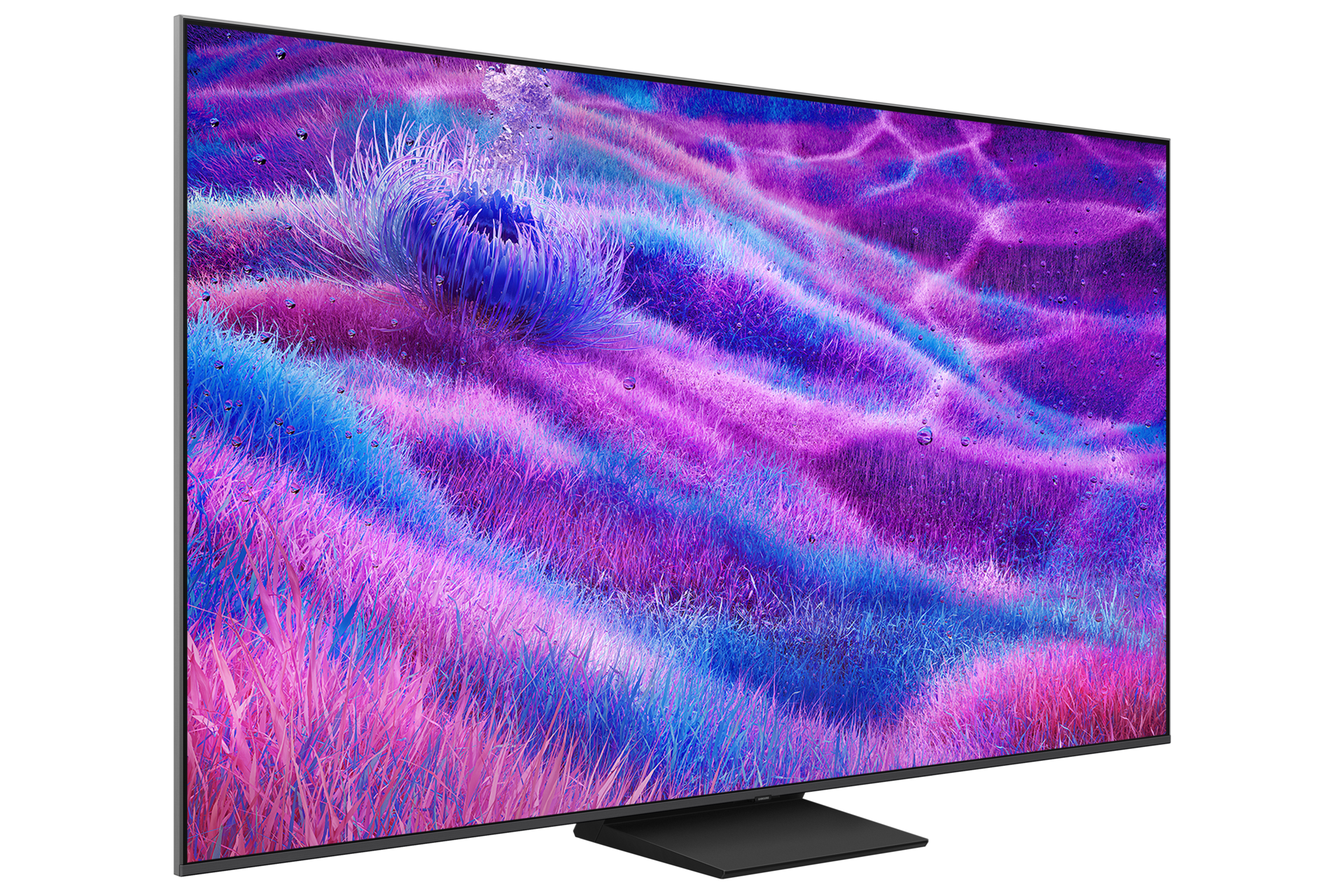 Nowoczesny telewizor wyświetla kolorowy, abstrakcyjny obraz trawy i kropel wody.