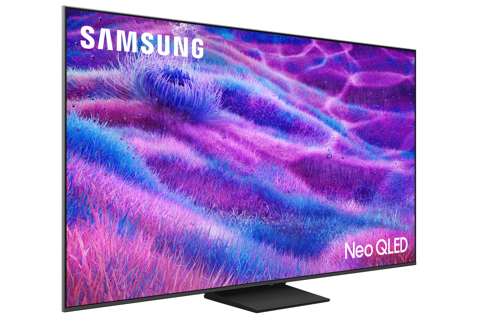 Telewizor Samsung Neo QLED wyświetlający żywe fioletowo-niebieskie obrazy.