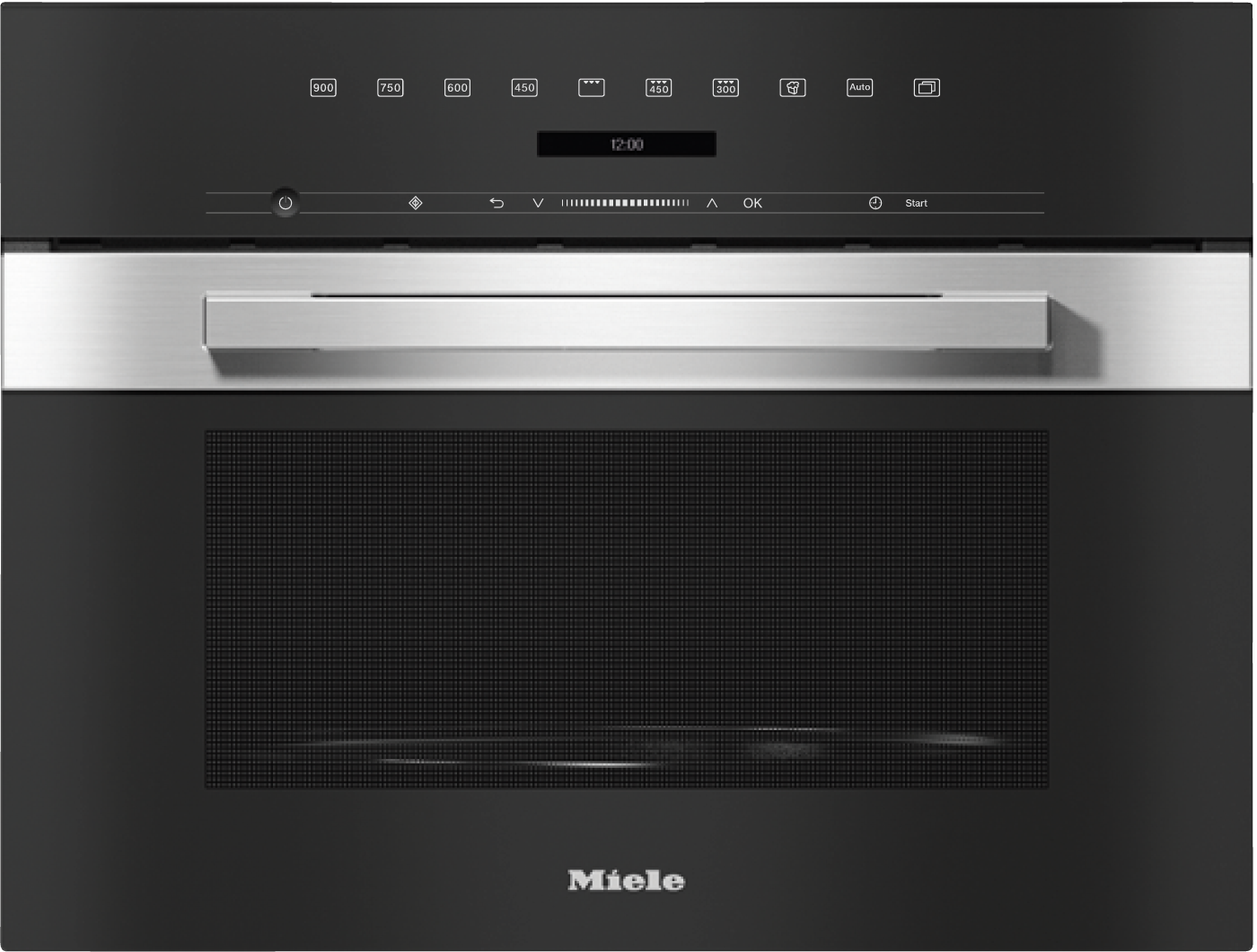 Ein moderner schwarzer Miele-Ofen mit silbernem Griff und digitaler Anzeige.